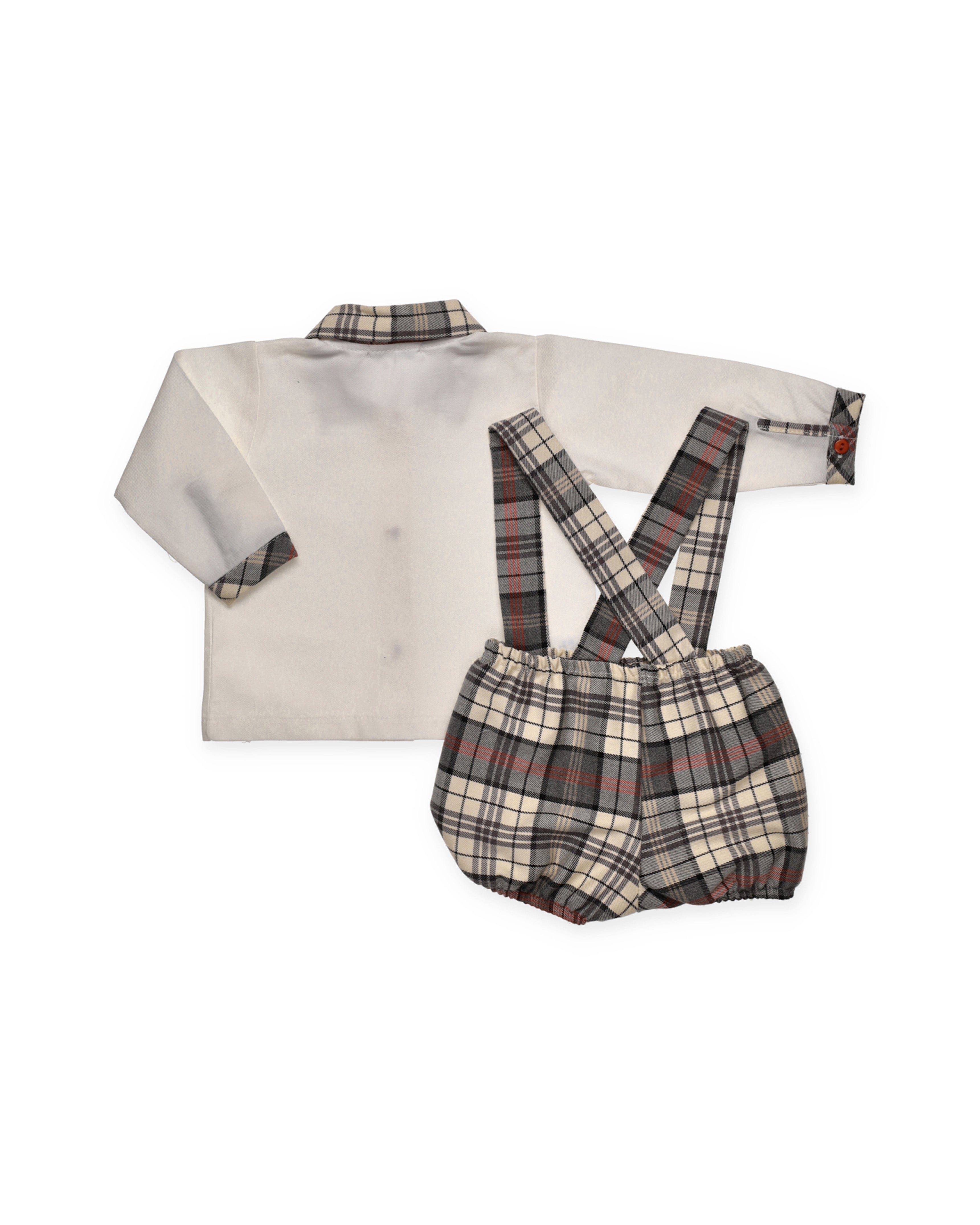 PANTALONI A SCACCHI CON BRETELLE E CAMICIA