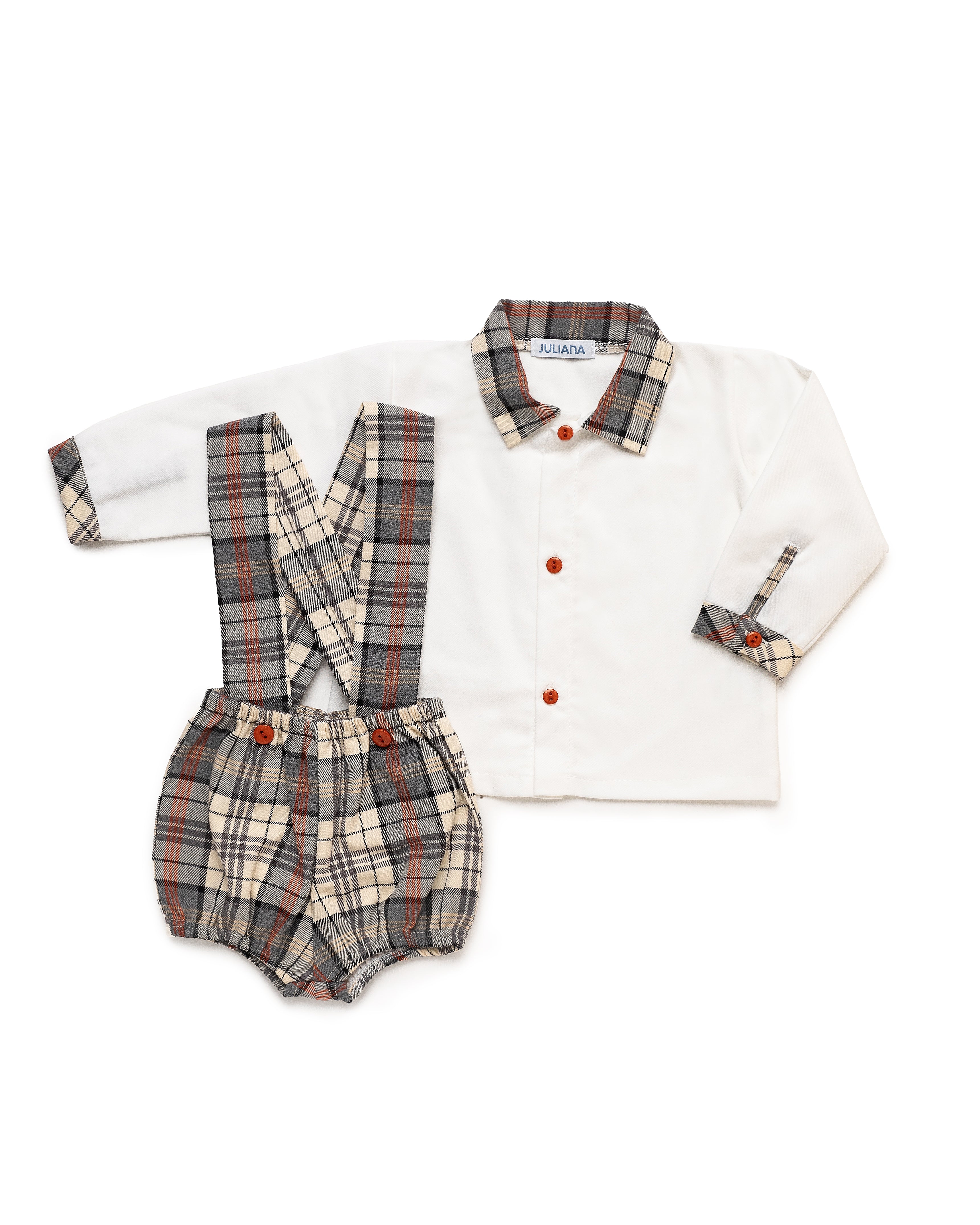 PANTALONI A SCACCHI CON BRETELLE E CAMICIA