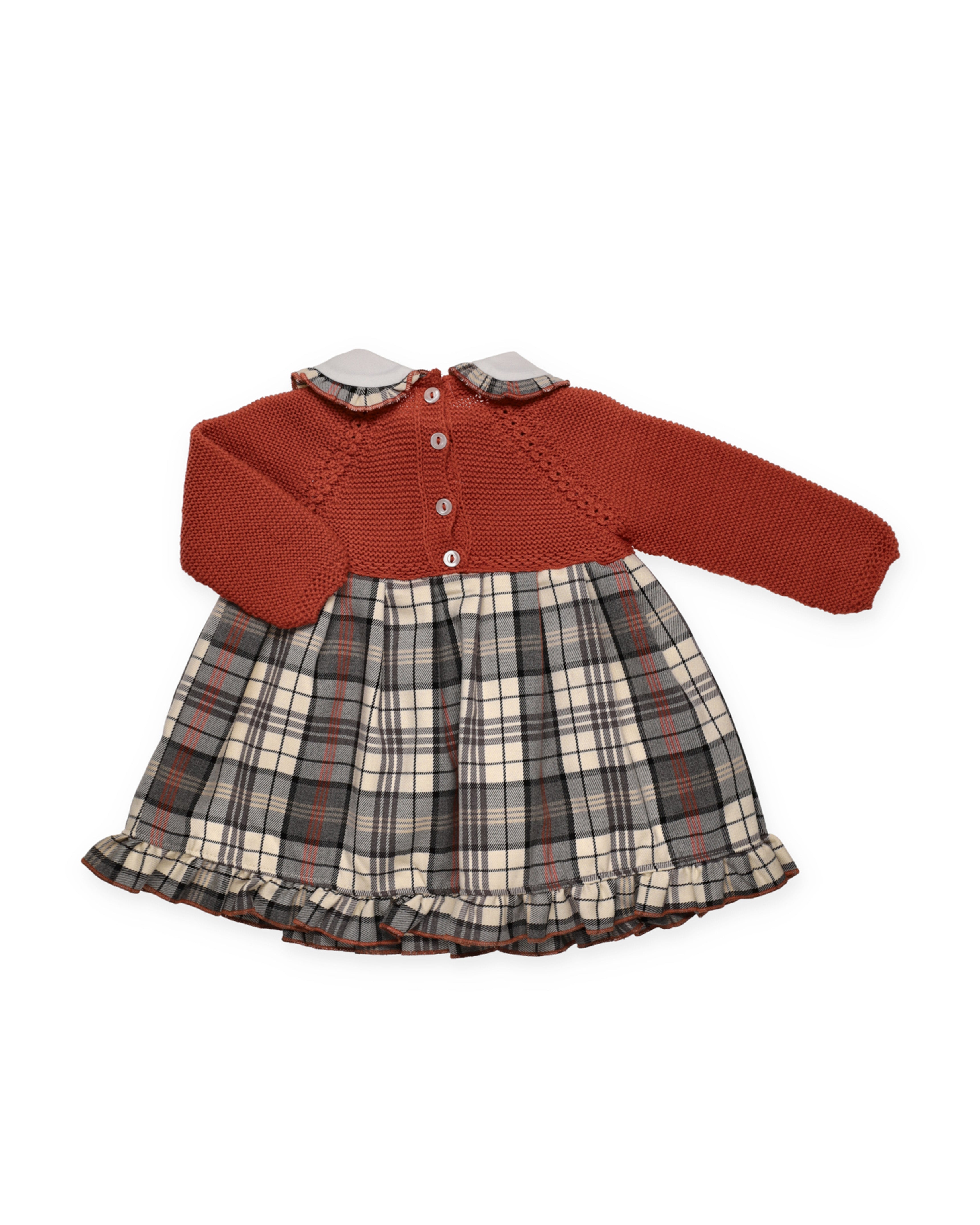 Abito in maglia a quadri con colletto arricciato