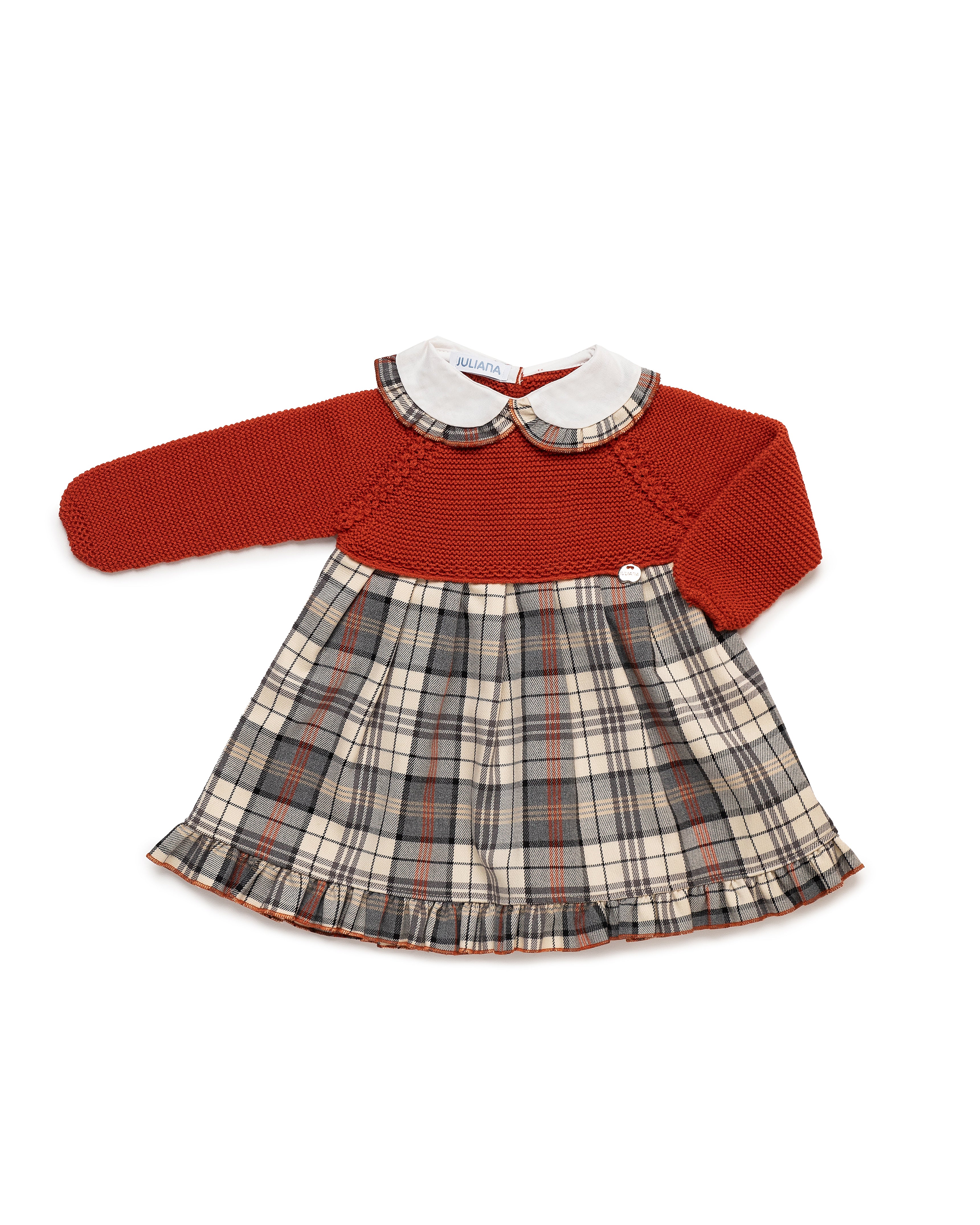 Abito in maglia a quadri con colletto arricciato