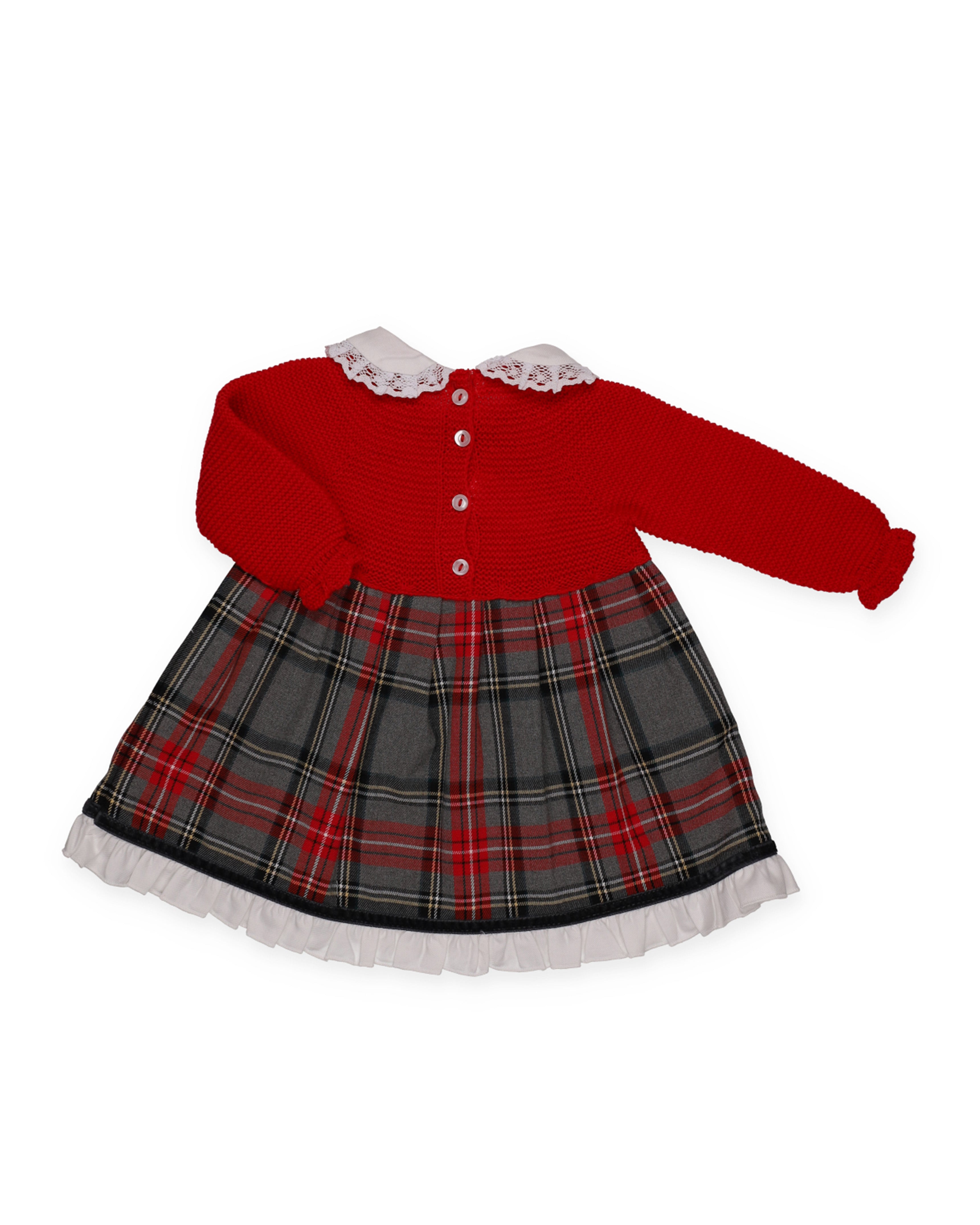 VESTIDO CUERPO PUNTO CUADROS CUELLO 2 POMPONES