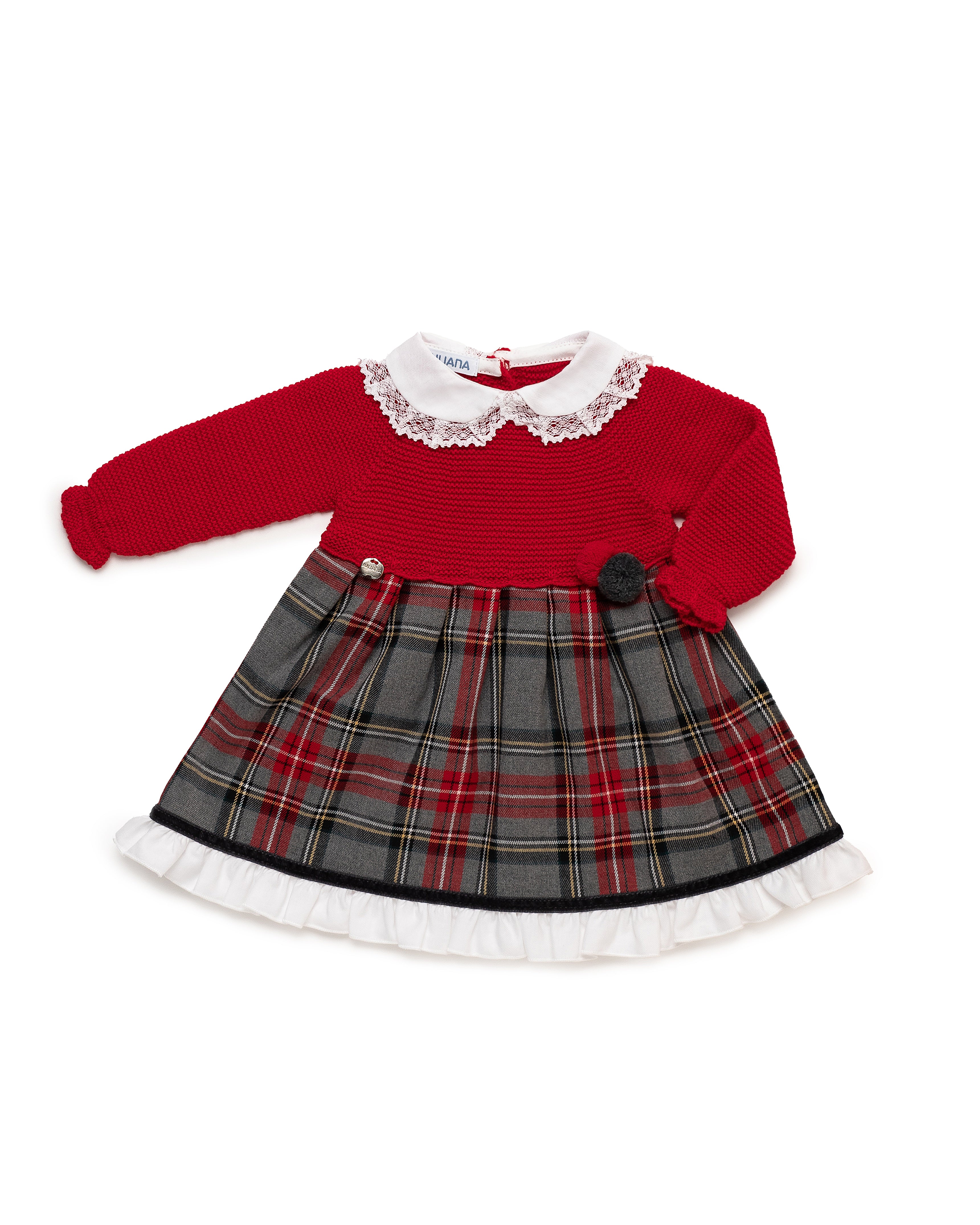 ABITO IN MAGLIA A QUADRI CON 2 POMPON SUL COLLO