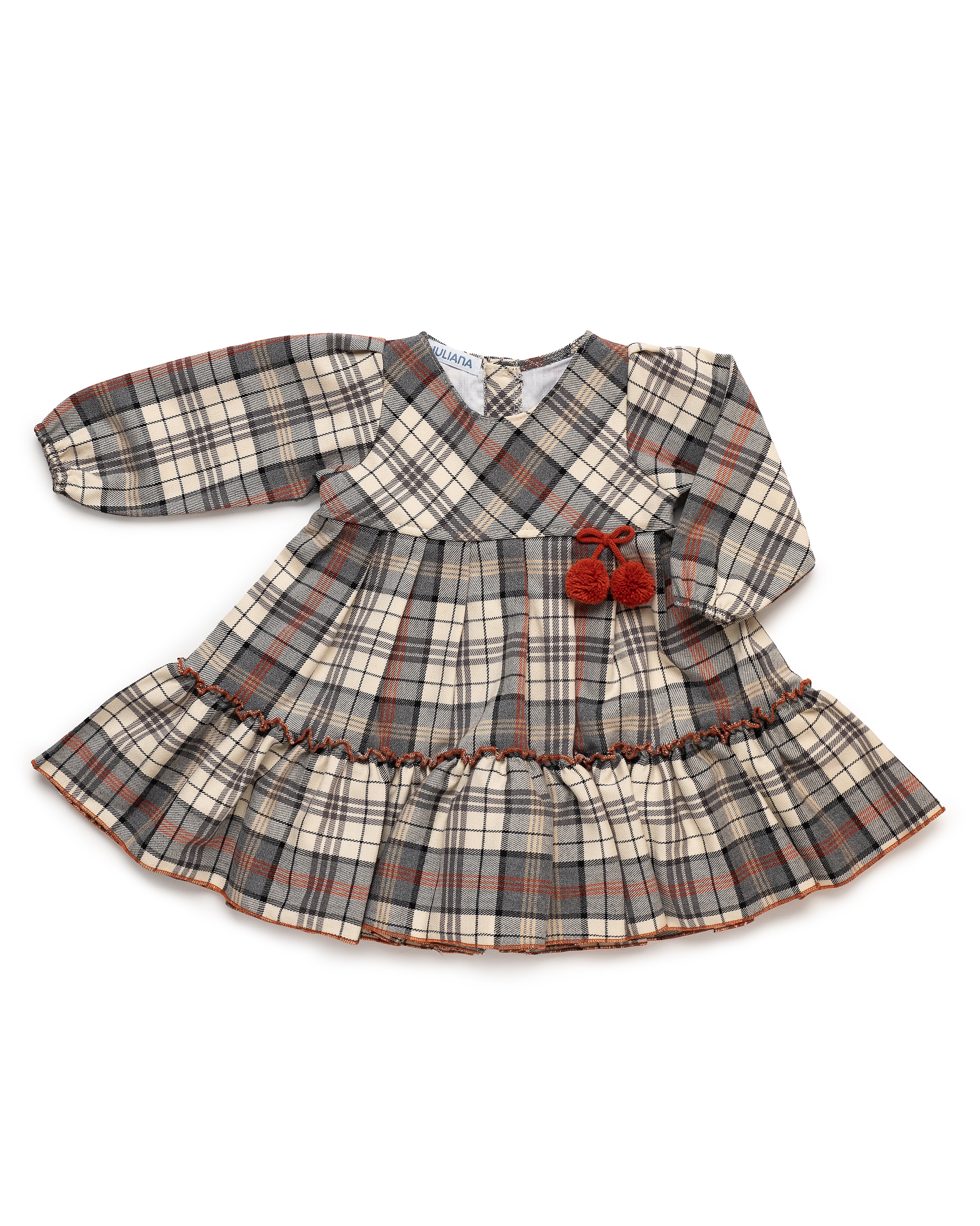 ABITO A QUADRI CON 2 VOLANT E 2 FIOCCHI DI POMPON