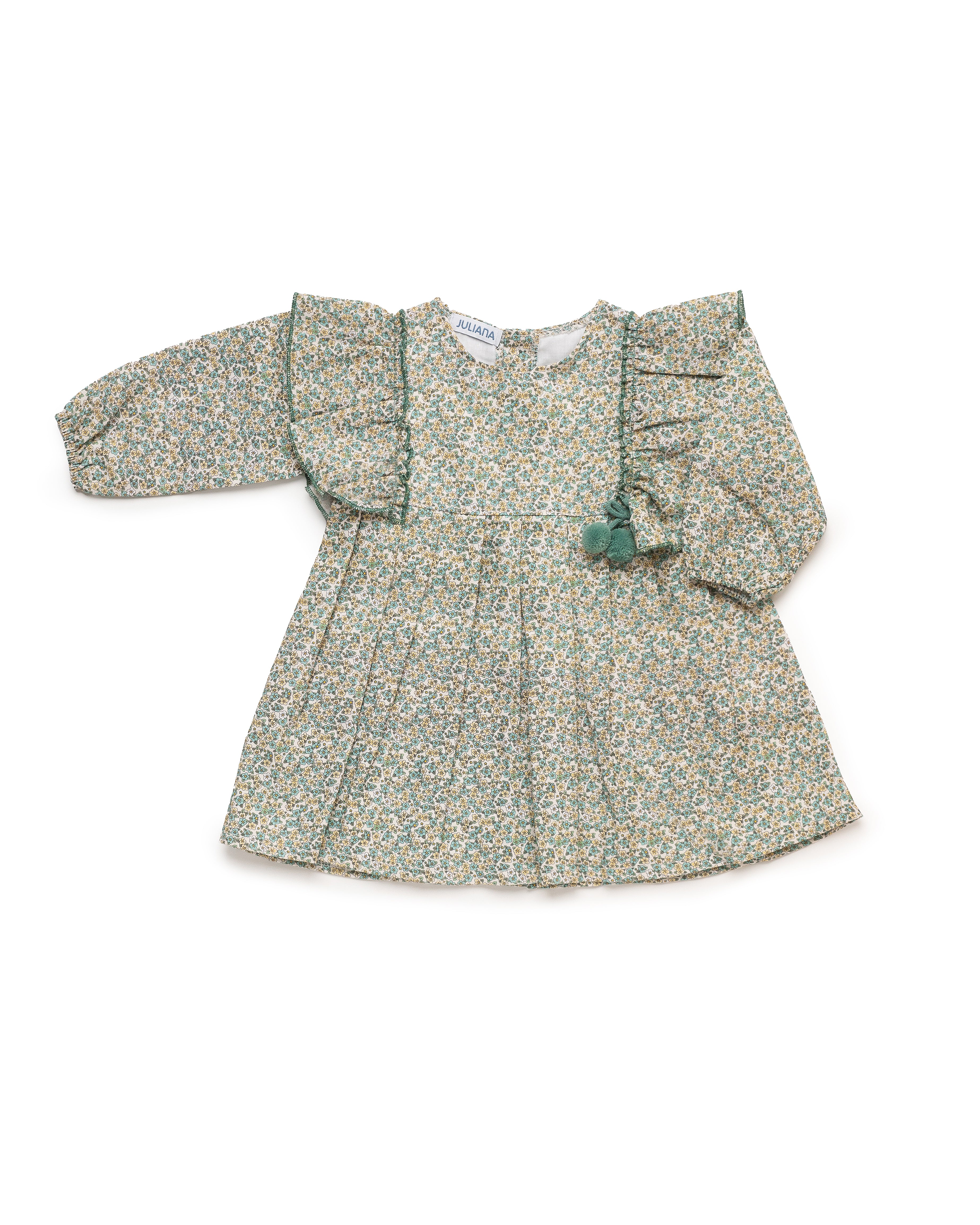 VESTIDO 2 VOLANTES FLORES LAZO 2 POMPONES