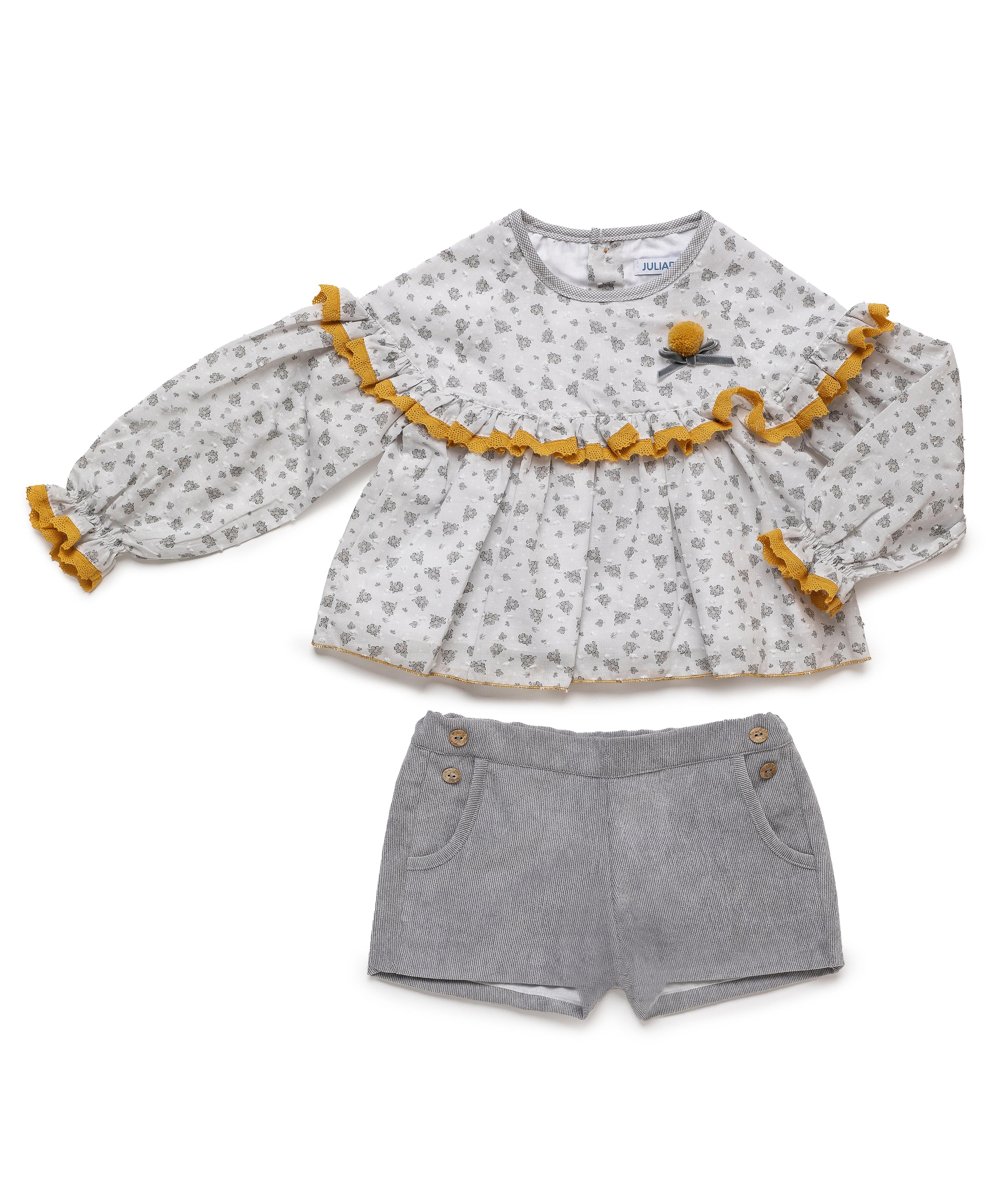 CONJUNTO NIÑA CAMISA FLORECITAS PANTALON BOLSILLOS