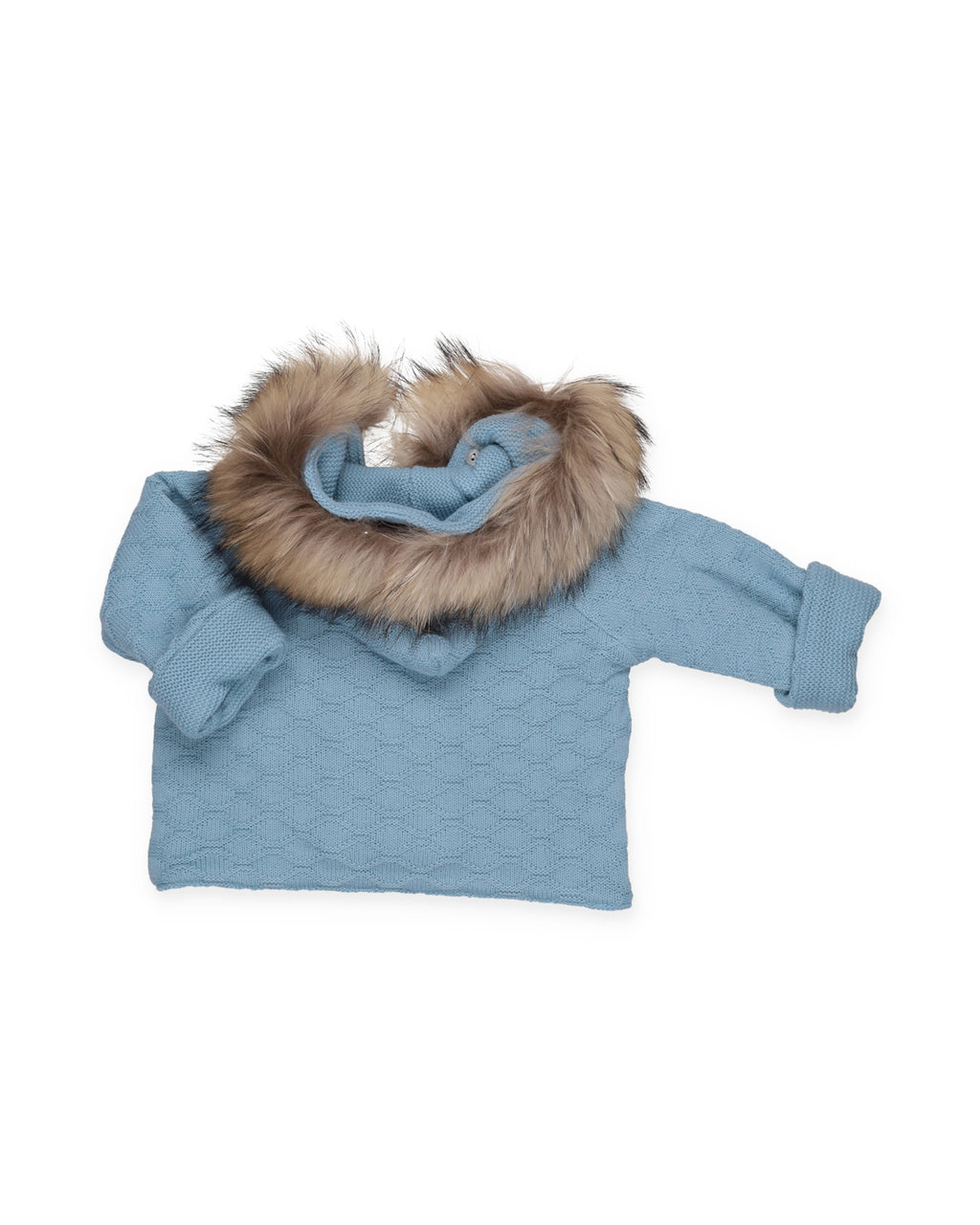 KNITTED COAT WITH DIAMOND PATTERNS AND A NATURAL FUR HOOD 