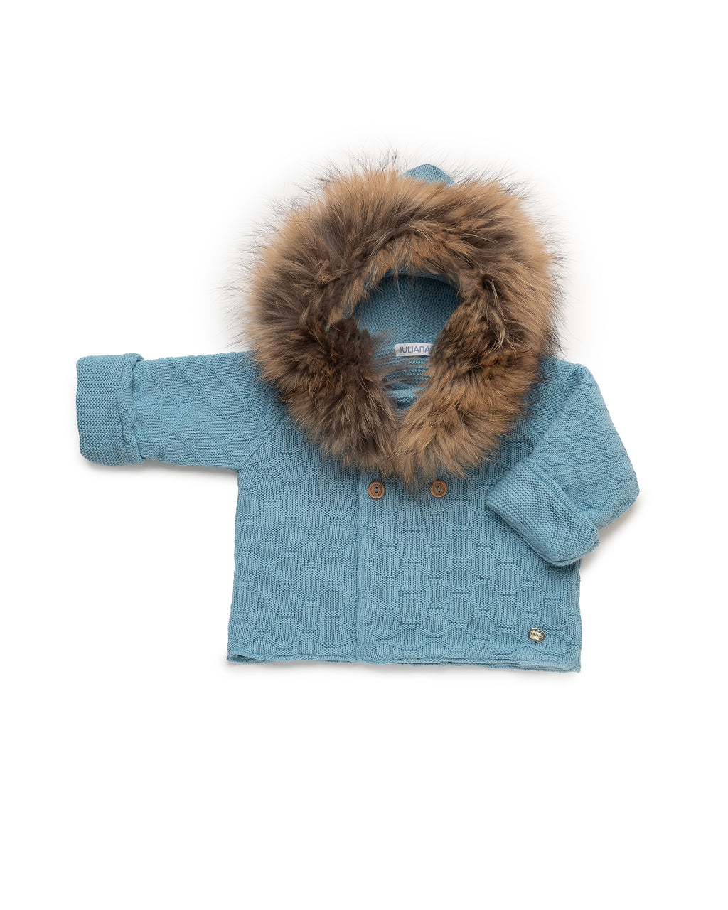 KNITTED COAT WITH DIAMOND PATTERNS AND A NATURAL FUR HOOD 