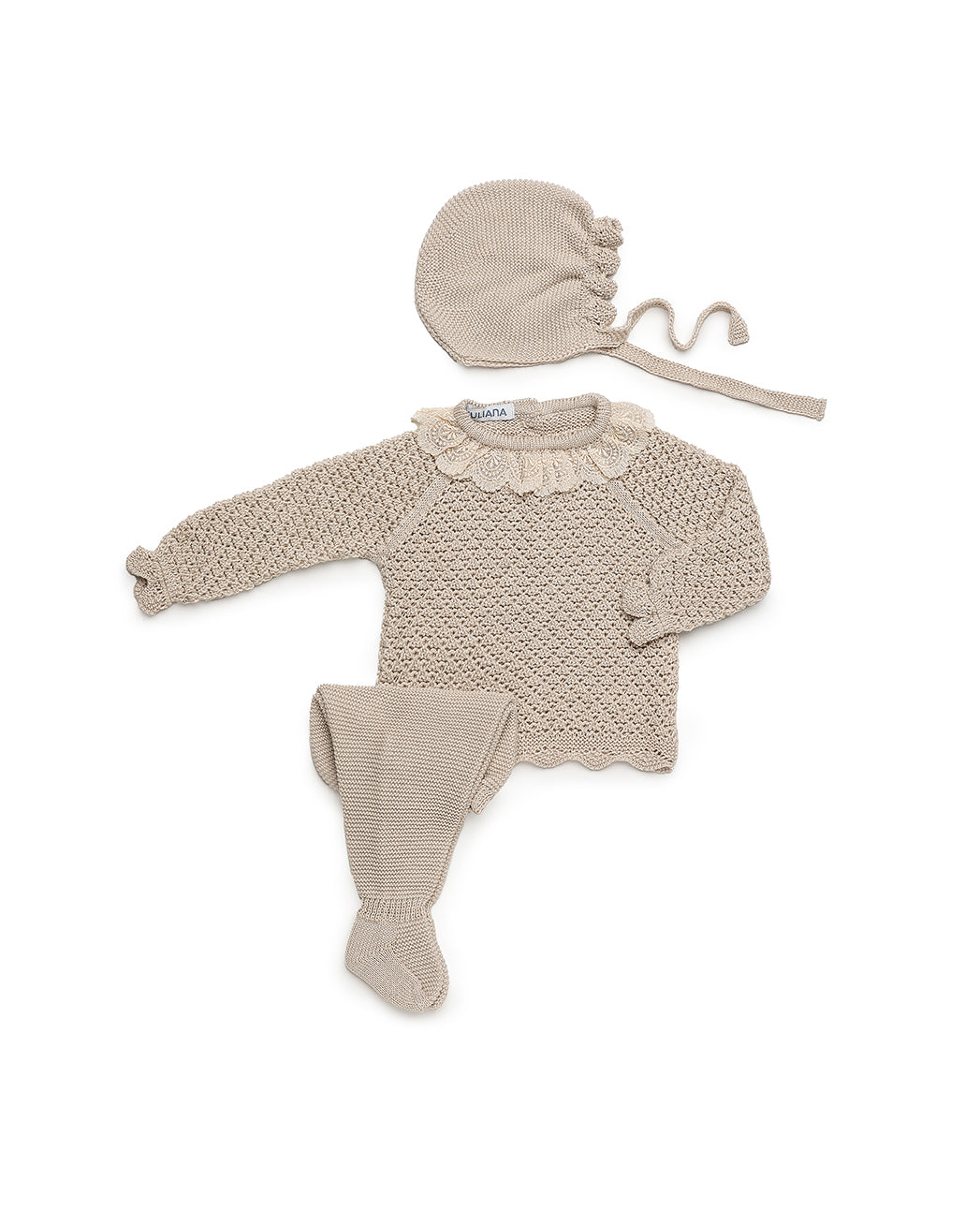 3-PIECE BABY SET WITH OPENWORK KNIT AND LACE-EDGING COLLAR 