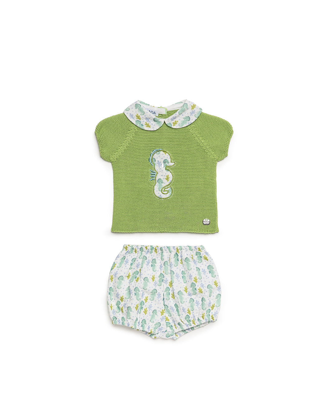 BABY KNIT SET WITH SEAHORSE PRINT FABRIC SHORTS 
