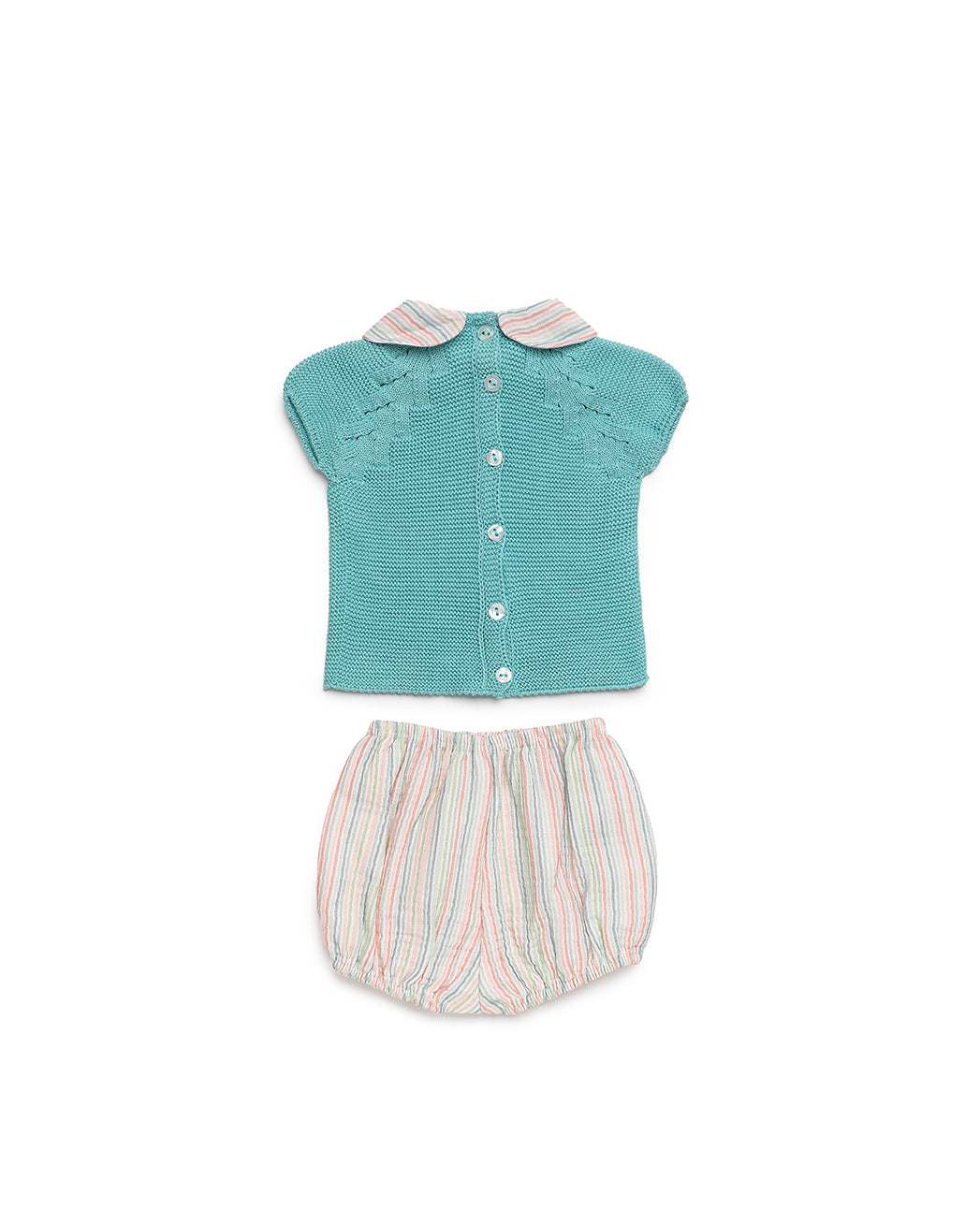 BABY KNIT SET WITH FINE STRIPED FABRIC SHORTS 