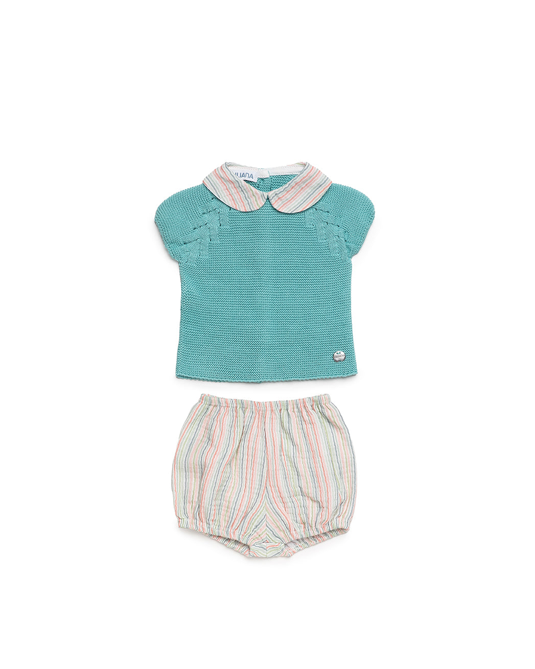 BABY KNIT SET WITH FINE STRIPED FABRIC SHORTS 