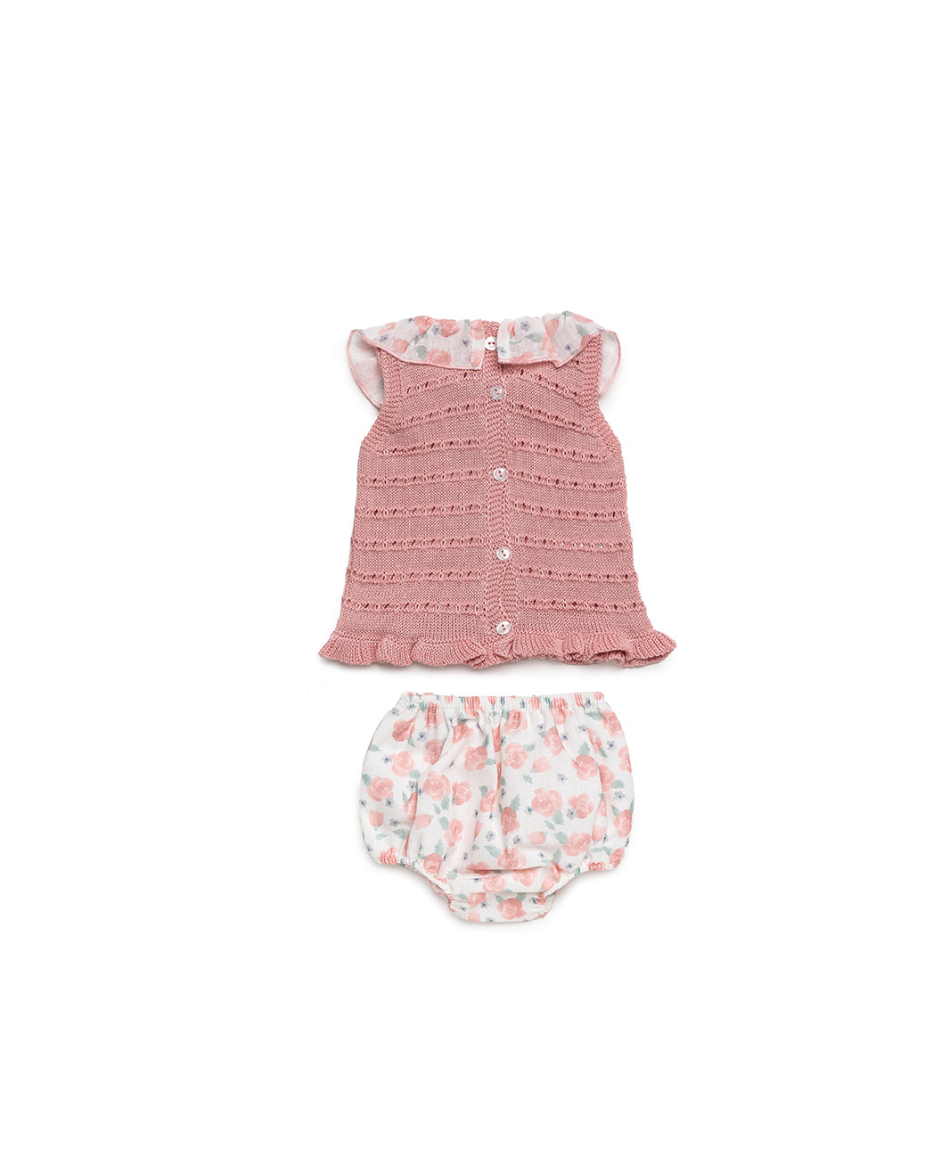 BABY KNIT SET WITH FLORAL FABRIC BLOOMER AND COLLAR 