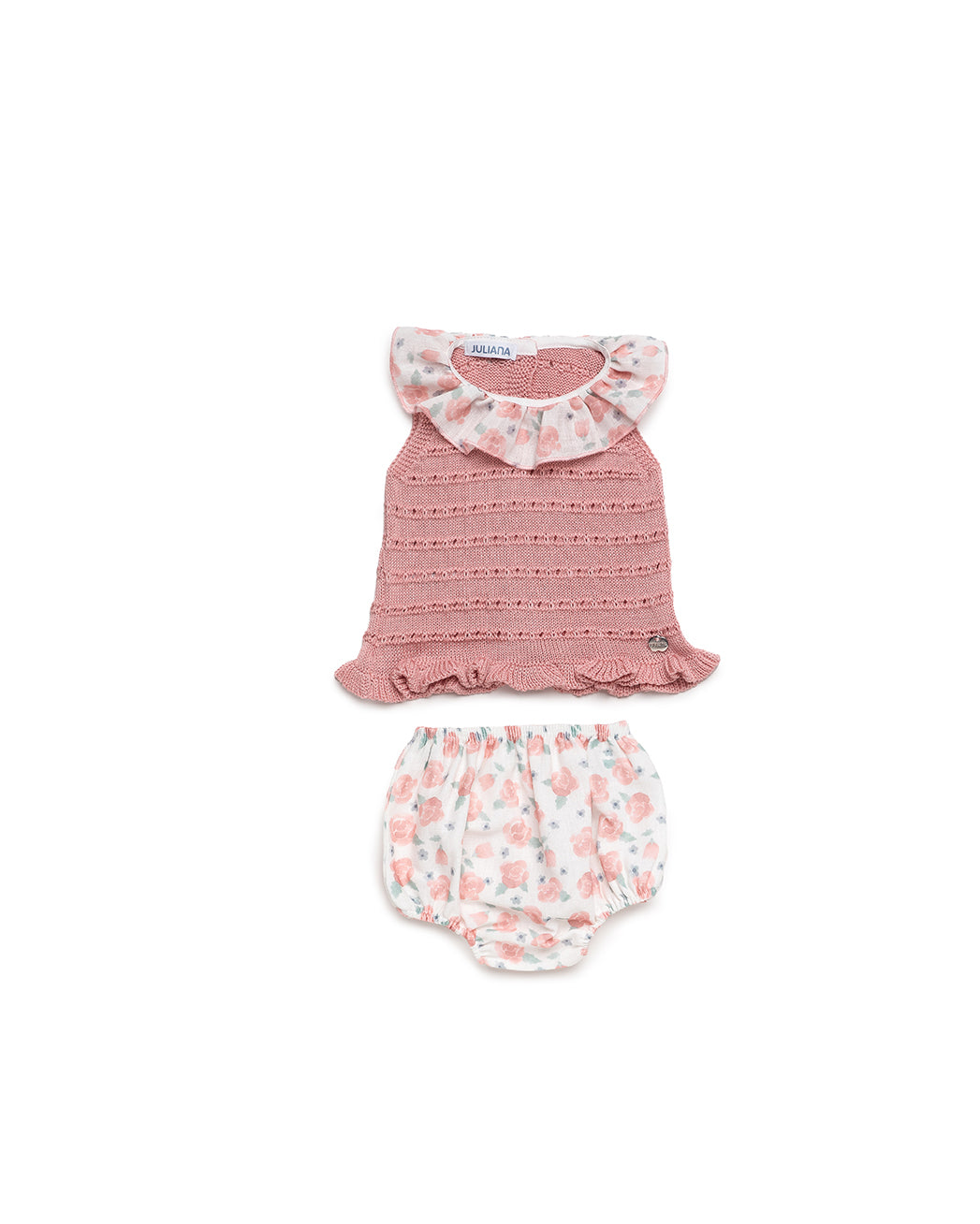 BABY KNIT SET WITH FLORAL FABRIC BLOOMER AND COLLAR 