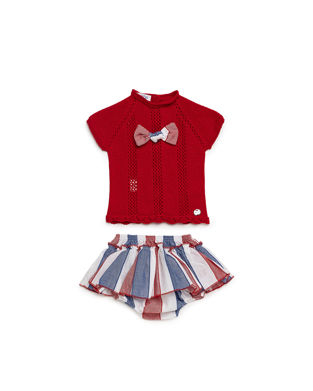 BABY KNIT SET WITH STRIPED FABRIC RUFFLED BLOOMER 