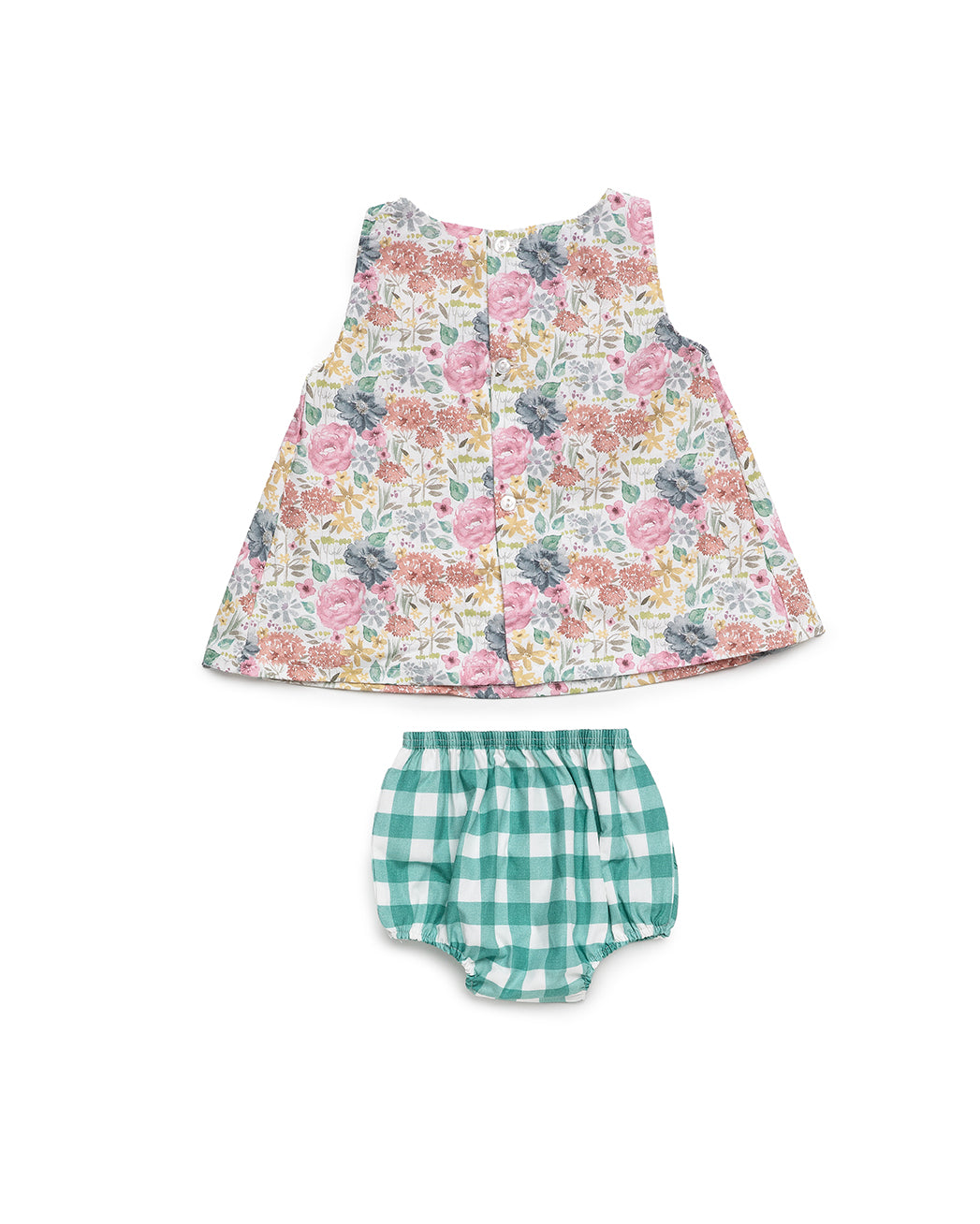 BABY DRESS SET WITH FLORAL PRINT AND CHECKERED FABRIC BLOOMER 
