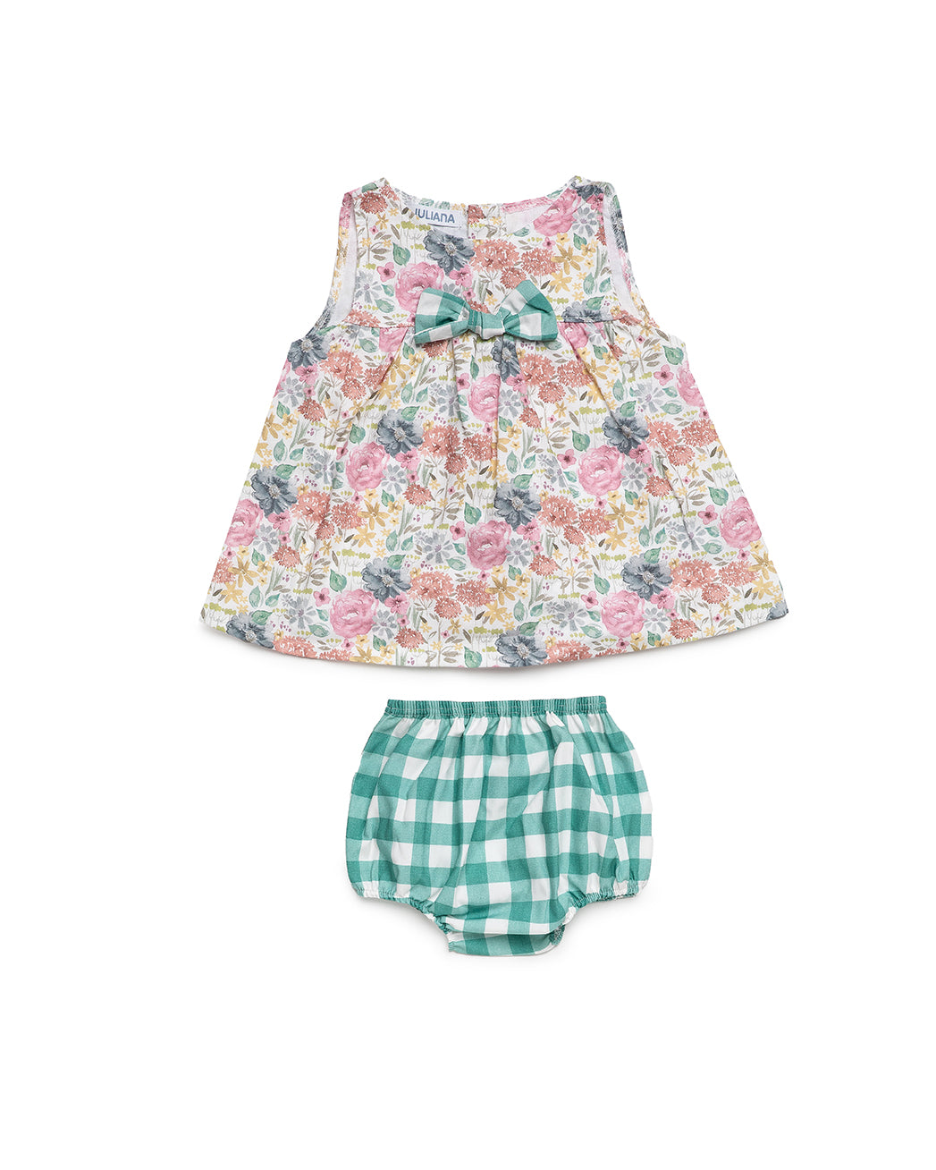 BABY DRESS SET WITH FLORAL PRINT AND CHECKERED FABRIC BLOOMER 