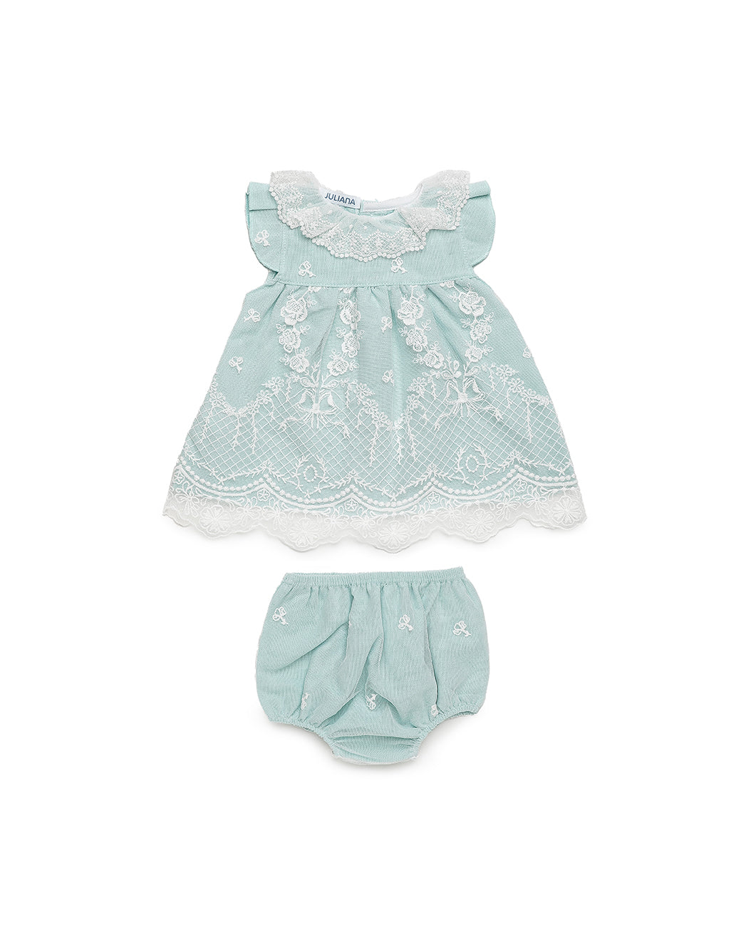 BABY DRESS SET WITH TWO-TONE LACE FABRIC AND BLOOMER 