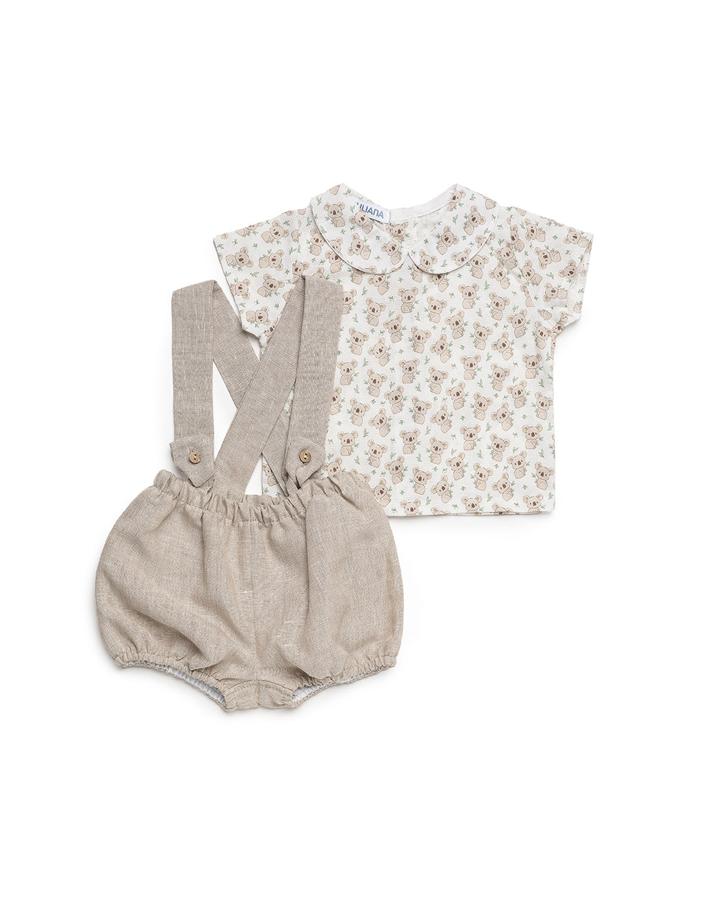 LINEN BABY DUNGAREES WITH KOALA PRINT SHIRT