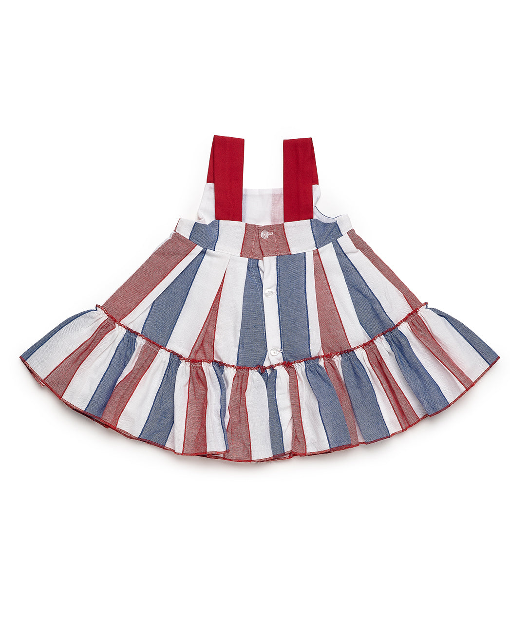 STRIPED DRESS WITH STRAPS AND TWO RUFFLED LAYERS 