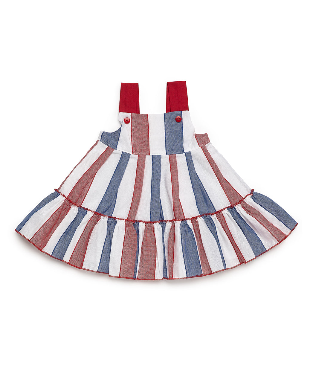 STRIPED DRESS WITH STRAPS AND TWO RUFFLED LAYERS 