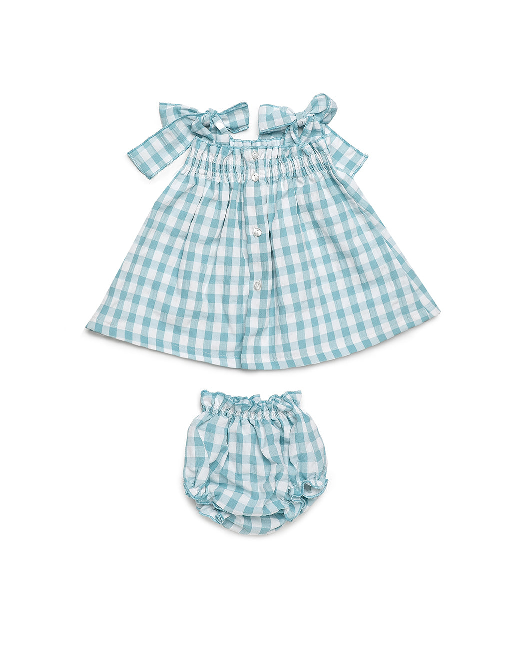 GINGHAM DRESS WITH SMOCKED NECKLINE AND MATCHING BLOOMER