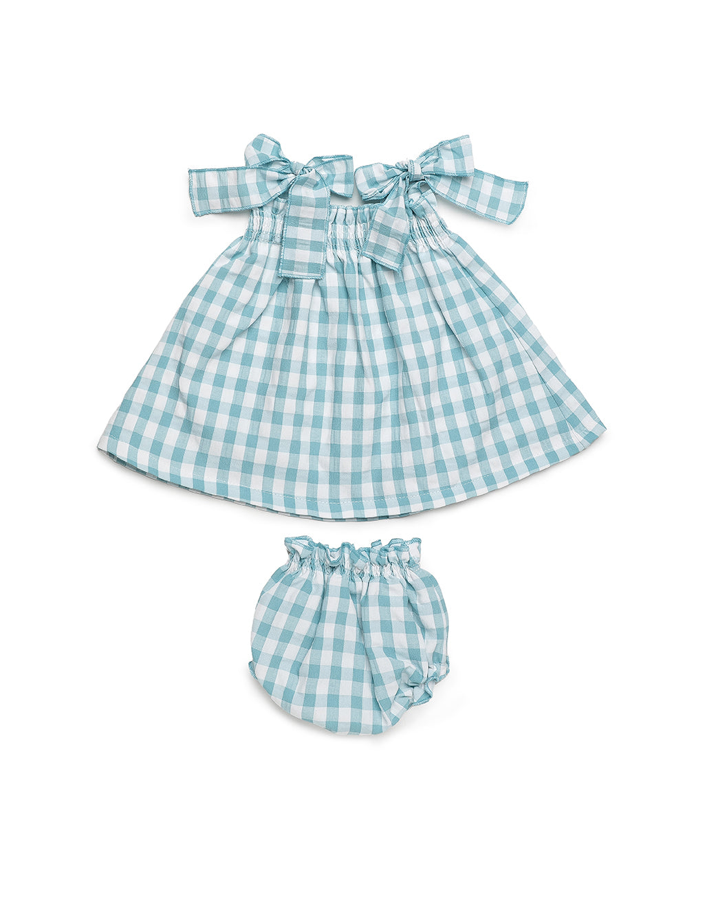 GINGHAM DRESS WITH SMOCKED NECKLINE AND MATCHING BLOOMER