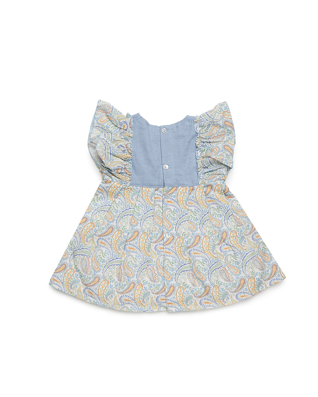 WAIST-CUT DRESS WITH SHOULDER FRILLS AND PAISLEY PRINT 