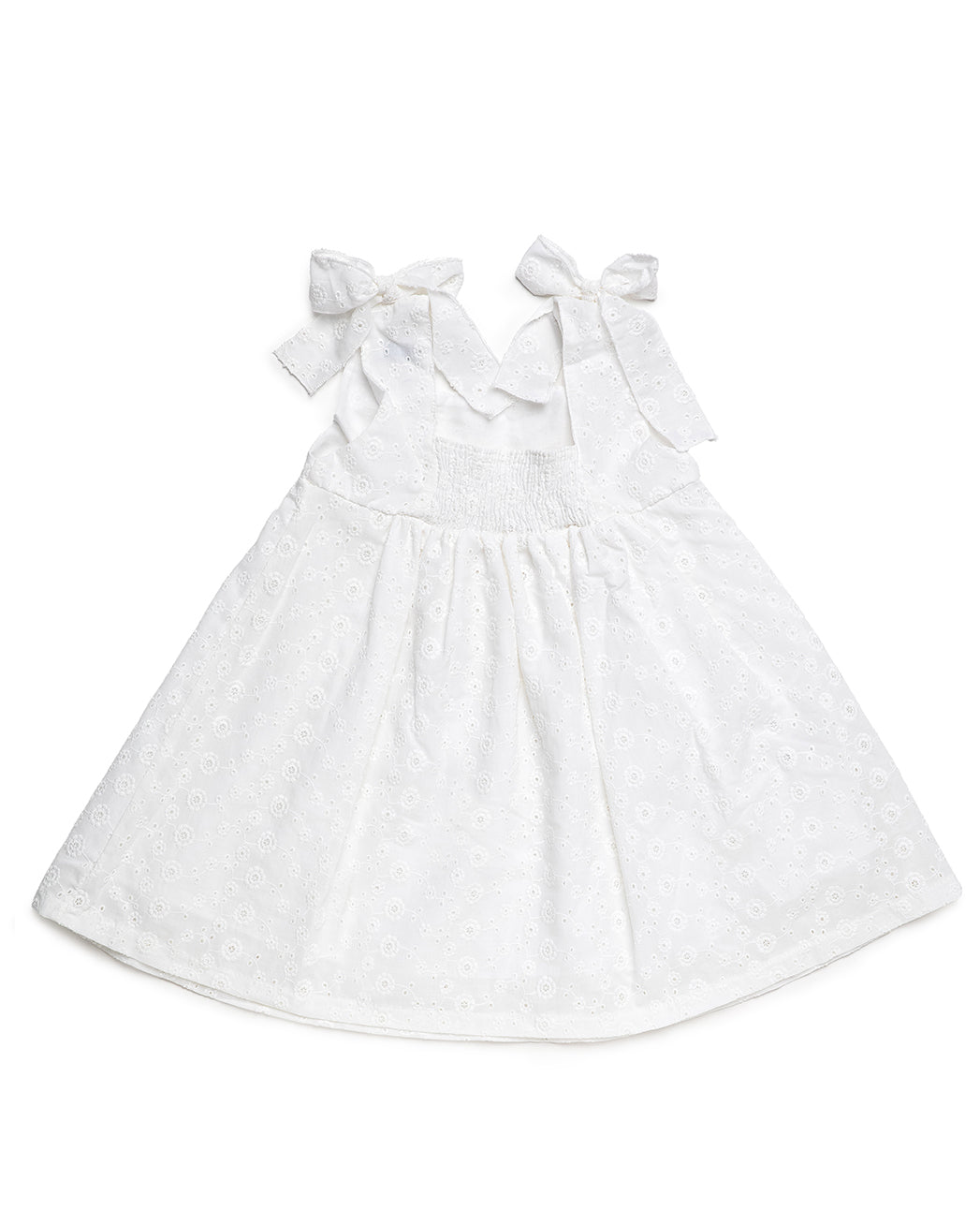 DRESS WITH WAIST SEAM, LACE DETAIL AND TWO BOW-TIED SHOULDER STRAPS 