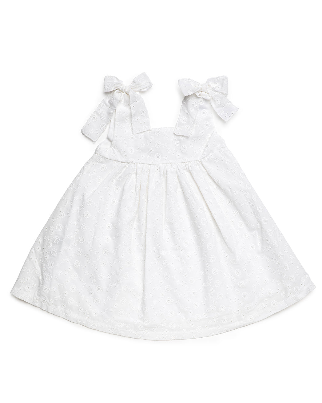 DRESS WITH WAIST SEAM, LACE DETAIL AND TWO BOW-TIED SHOULDER STRAPS 