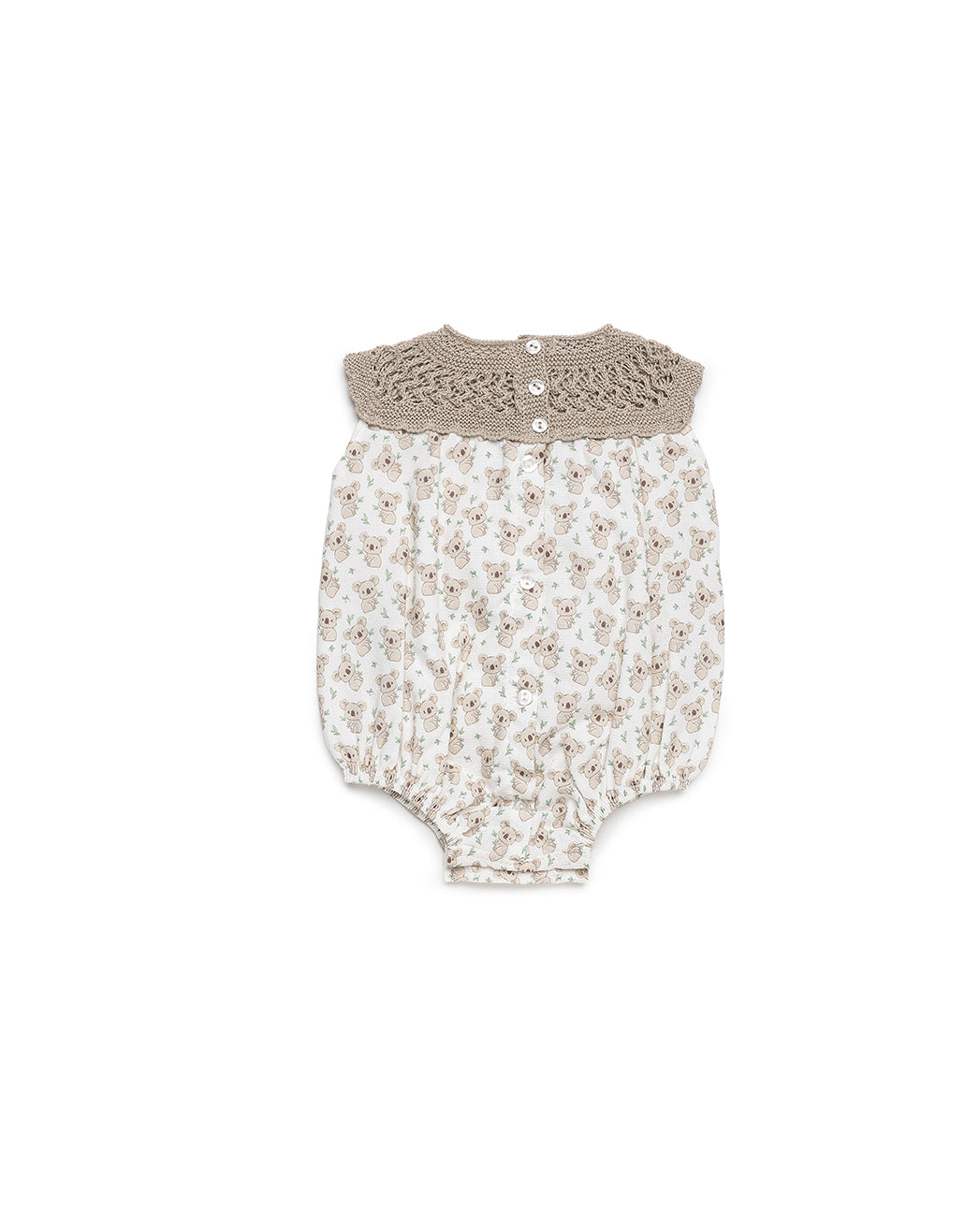 BABY ROMPER WITH KNITTED BODICE AND KOALA PRINT FABRIC 