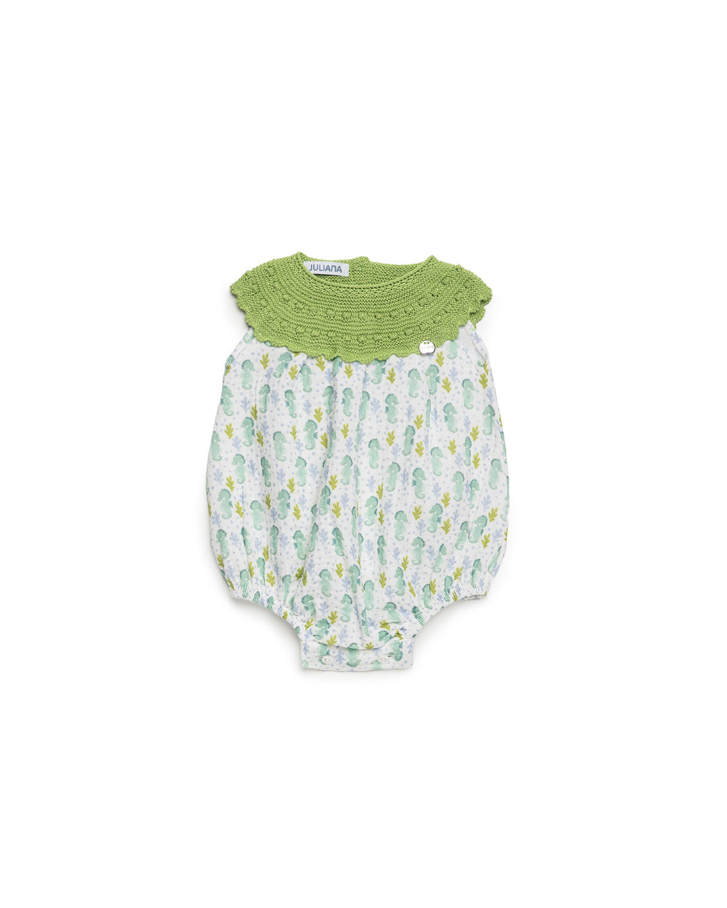 BABY ROMPER WITH KNITTED BODICE AND SEAHORSE PRINT FABRIC 