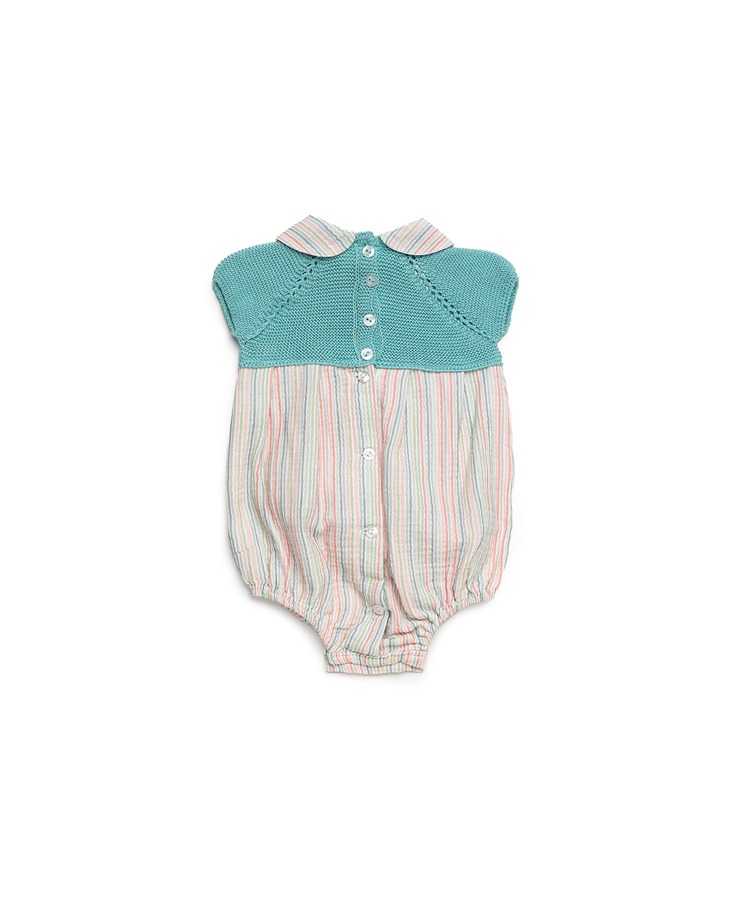 BABY ROMPER WITH KNITTED BODICE AND FINED STRIPED FABRIC 