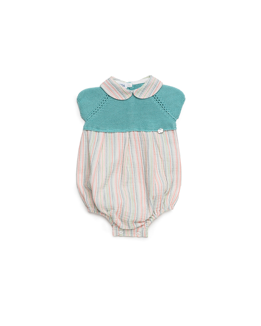 BABY ROMPER WITH KNITTED BODICE AND FINED STRIPED FABRIC 