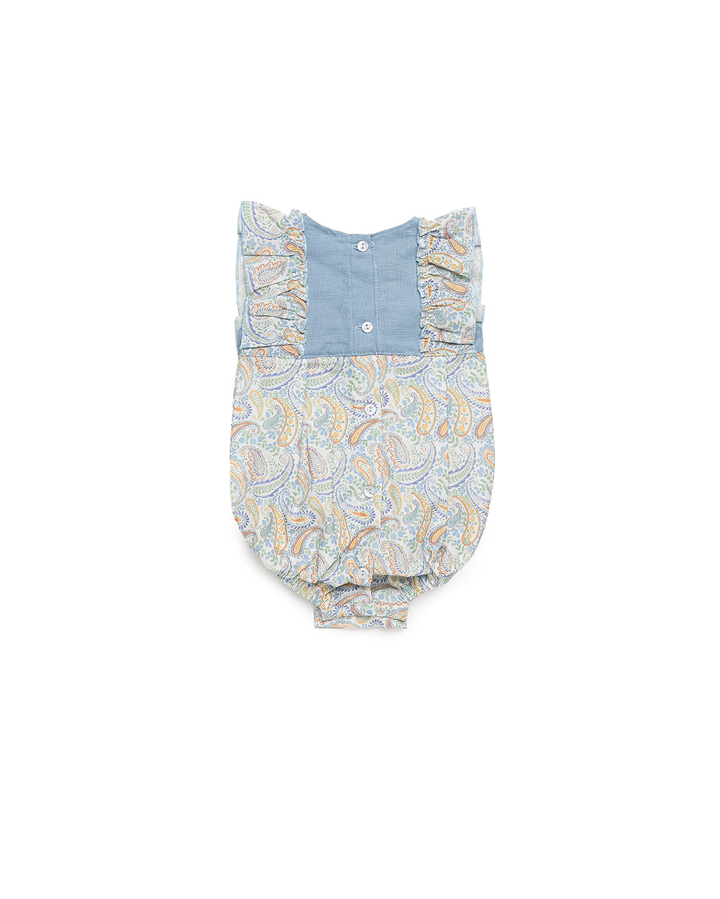 ROMPER WITH WAIST SEAM, DOUBLE SHOULDER RUFFLES AND PAISLEY PRINT 