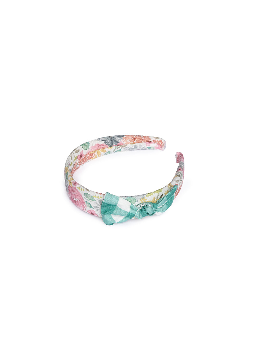 BABY HEADBAND WITH FLORAL FABRIC AND GINGHAM BOW 