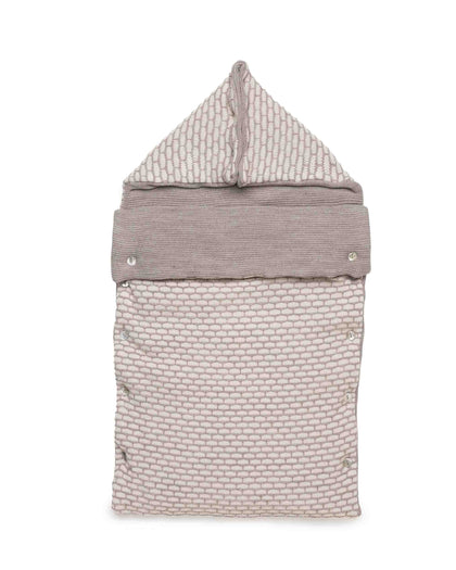 HOODED BABY FOOTMUFF WITH BUTTONS AND GATHERED DETAILS 