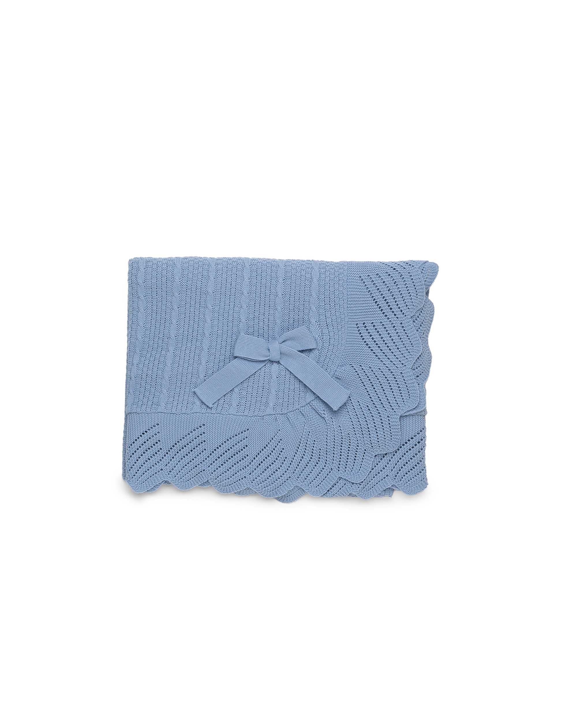 BABY SHAWL WITH CHECK PATTERN, CABLE KNIT DETAILS AND ALL- AROUND RUFFLE 