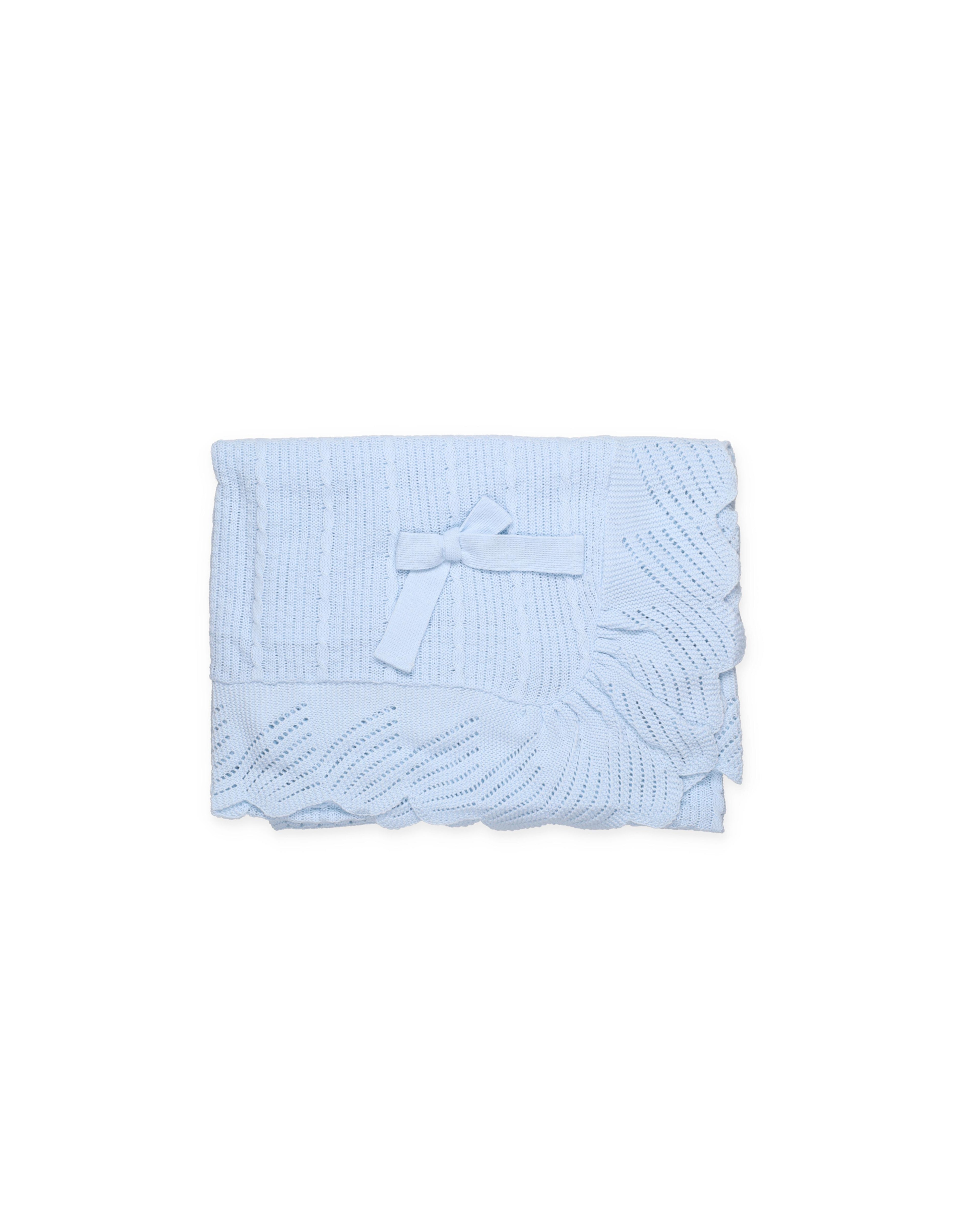 BABY SHAWL WITH CHECK PATTERN, CABLE KNIT DETAILS AND ALL- AROUND RUFFLE 
