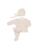 KNITTED 3-PIECE BABY SET WITH GATHERED DETAILS AND LACE TRIM 
