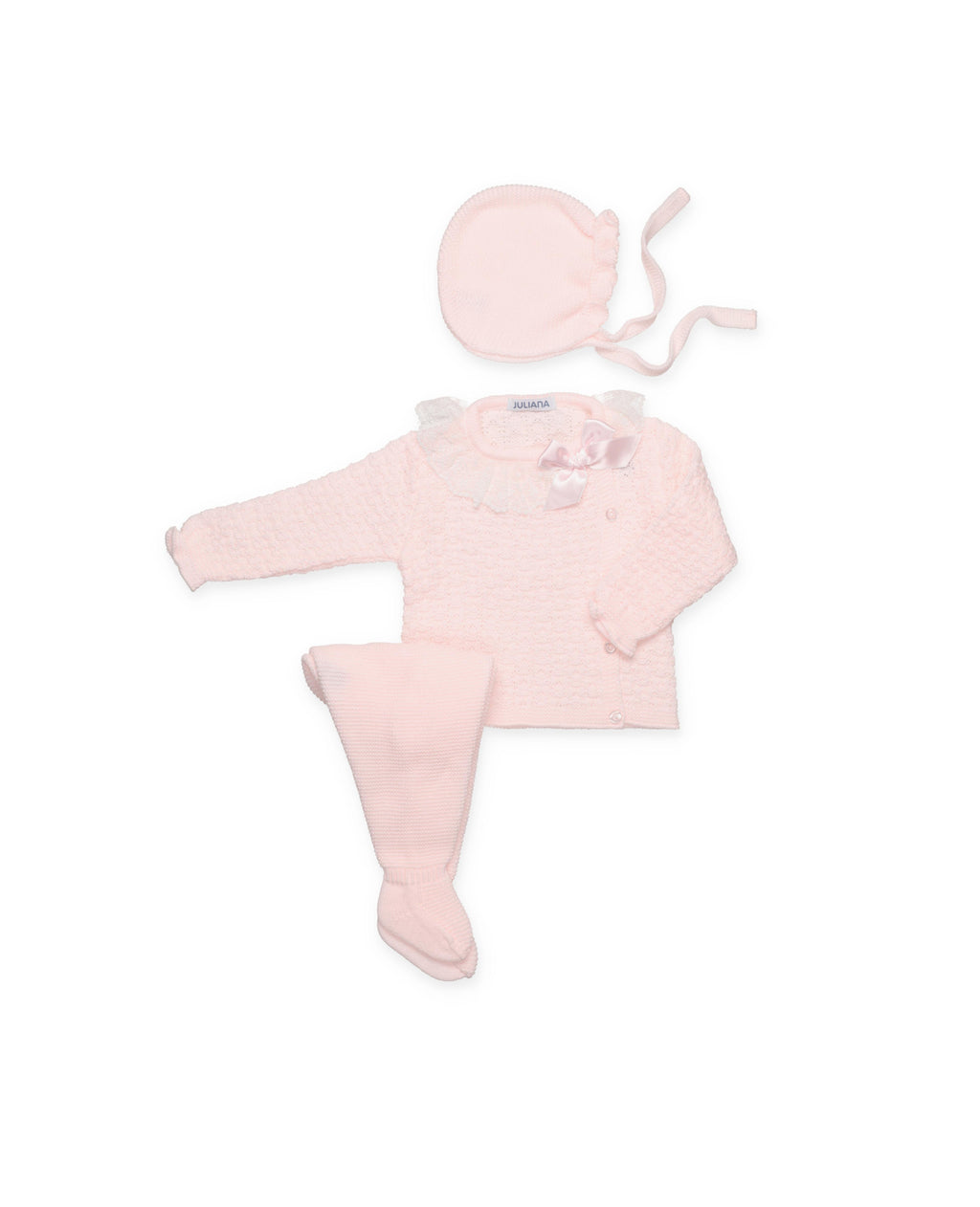KNITTED 3-PIECE BABY SET WITH GATHERED DETAILS AND LACE TRIM 