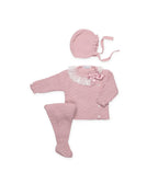 KNITTED 3-PIECE BABY SET WITH GATHERED DETAILS AND LACE TRIM 