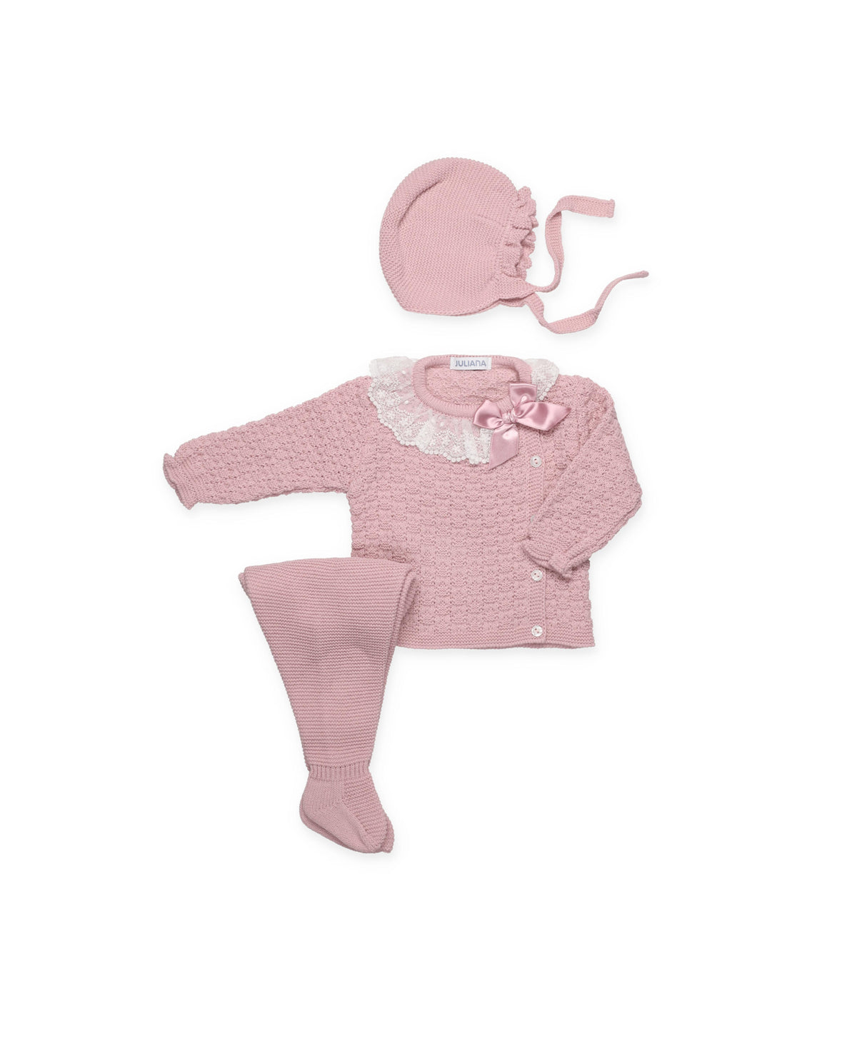 KNITTED 3-PIECE BABY SET WITH GATHERED DETAILS AND LACE TRIM 