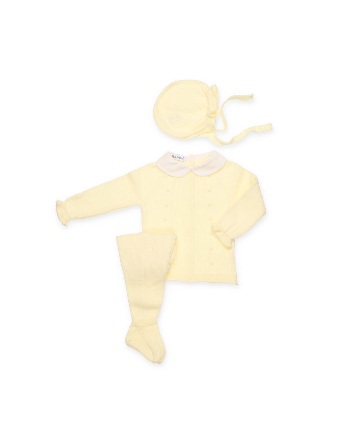 KNITTED 3-PIECE BABY SET WITH GATHERED DETAILS, BOBBLES AND FABRIC COLLAR 