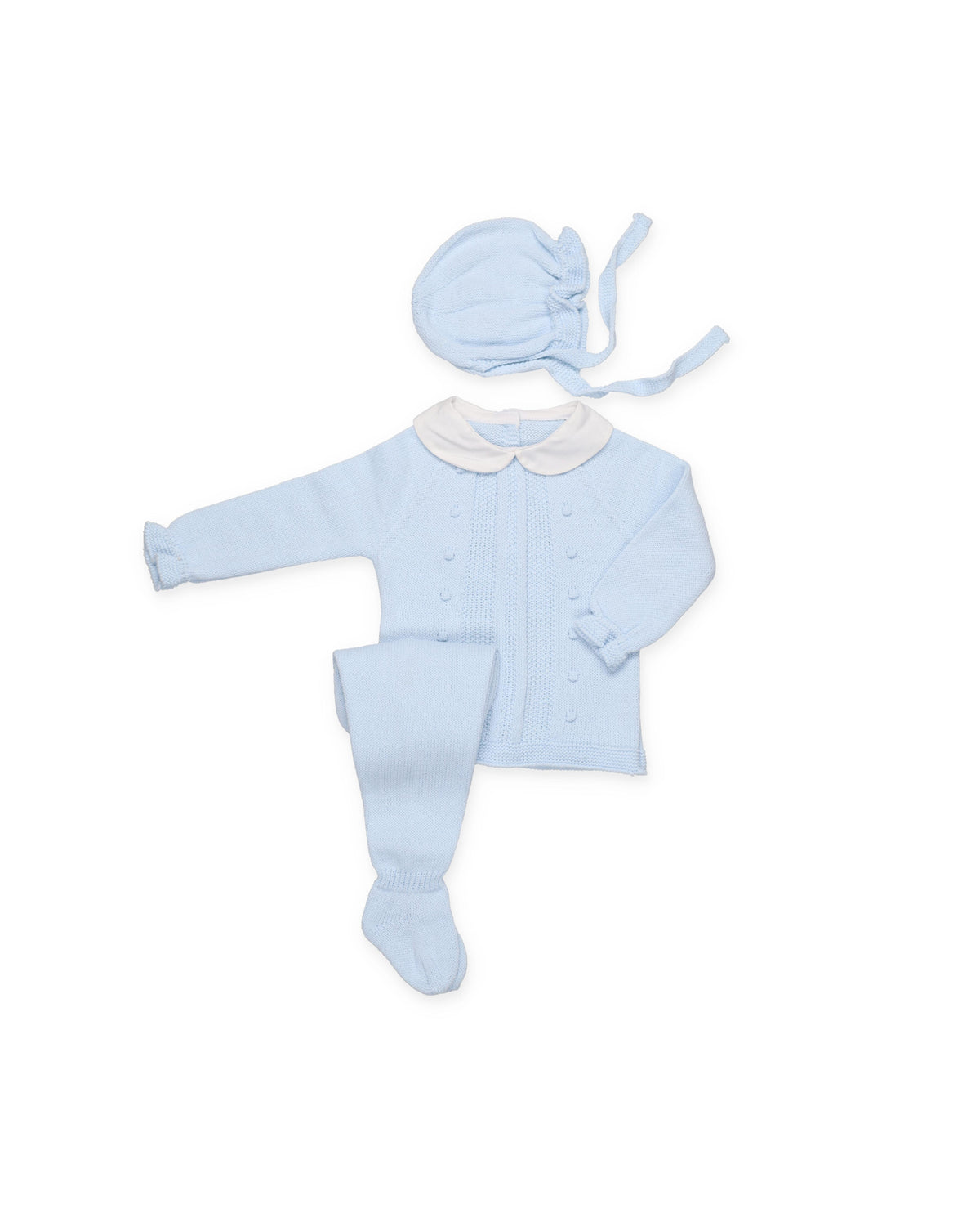 KNITTED 3-PIECE BABY SET WITH GATHERED DETAILS, BOBBLES AND FABRIC COLLAR 