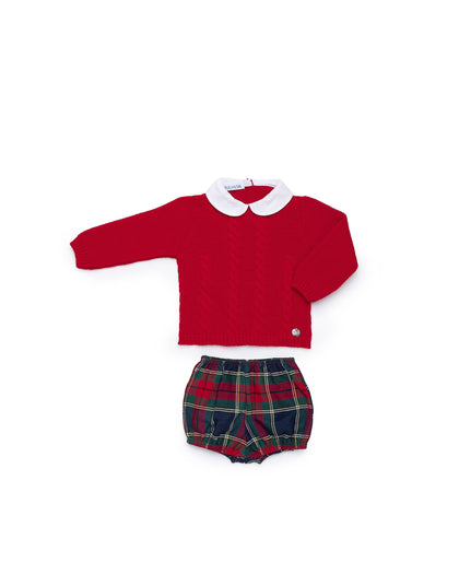 BABY SET WITH CABLE KNIT JUMPER AND CHECKED FABRIC TROUSERS 