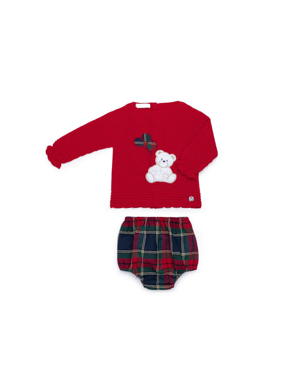 BABY SET WITH KNITTED JUMPER FEATURING BEAR AND BALLOON MOTIF, AND CHECKED FABRIC BLOOMERS 