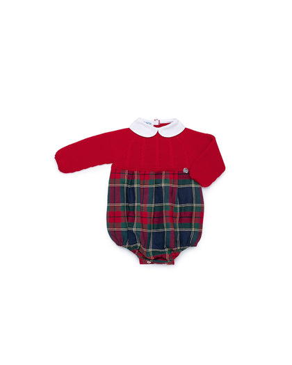 BABY ROMPER WITH KNITTED BODICE AND CHECKED FABRIC