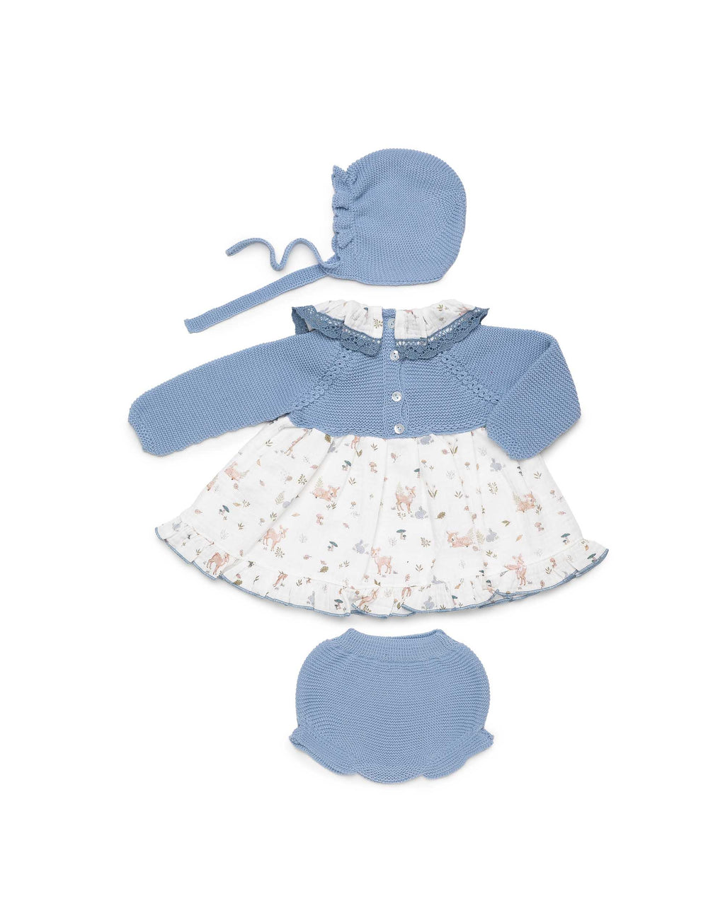 BABY SMOCK DRESS IN ANIMAL FABRIC WITH MATCHING BONNET AND KNITTED BLOOMERS 