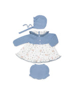 BABY SMOCK DRESS IN ANIMAL FABRIC WITH MATCHING BONNET AND KNITTED BLOOMERS 