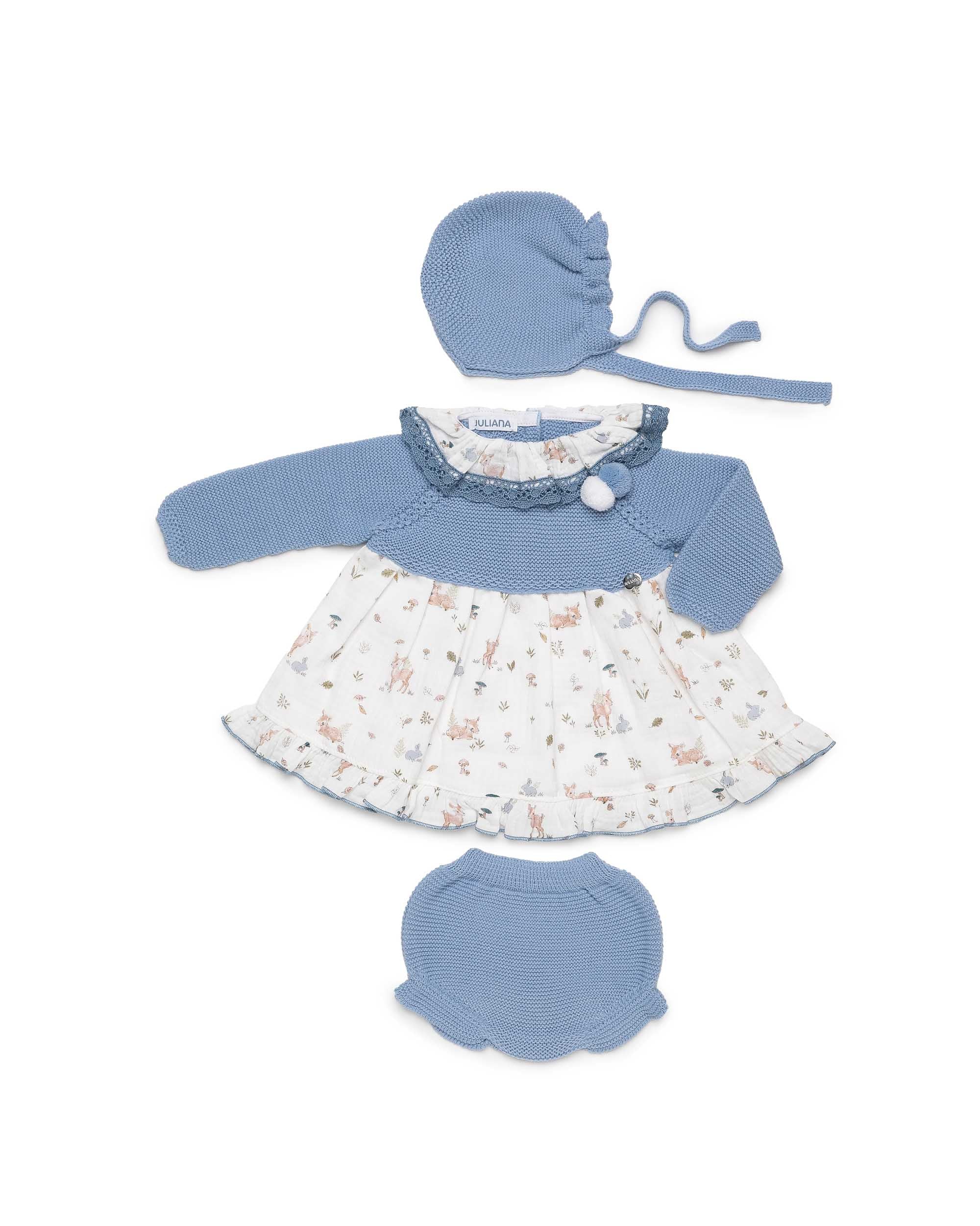 BABY SMOCK DRESS IN ANIMAL FABRIC WITH MATCHING BONNET AND KNITTED BLOOMERS 
